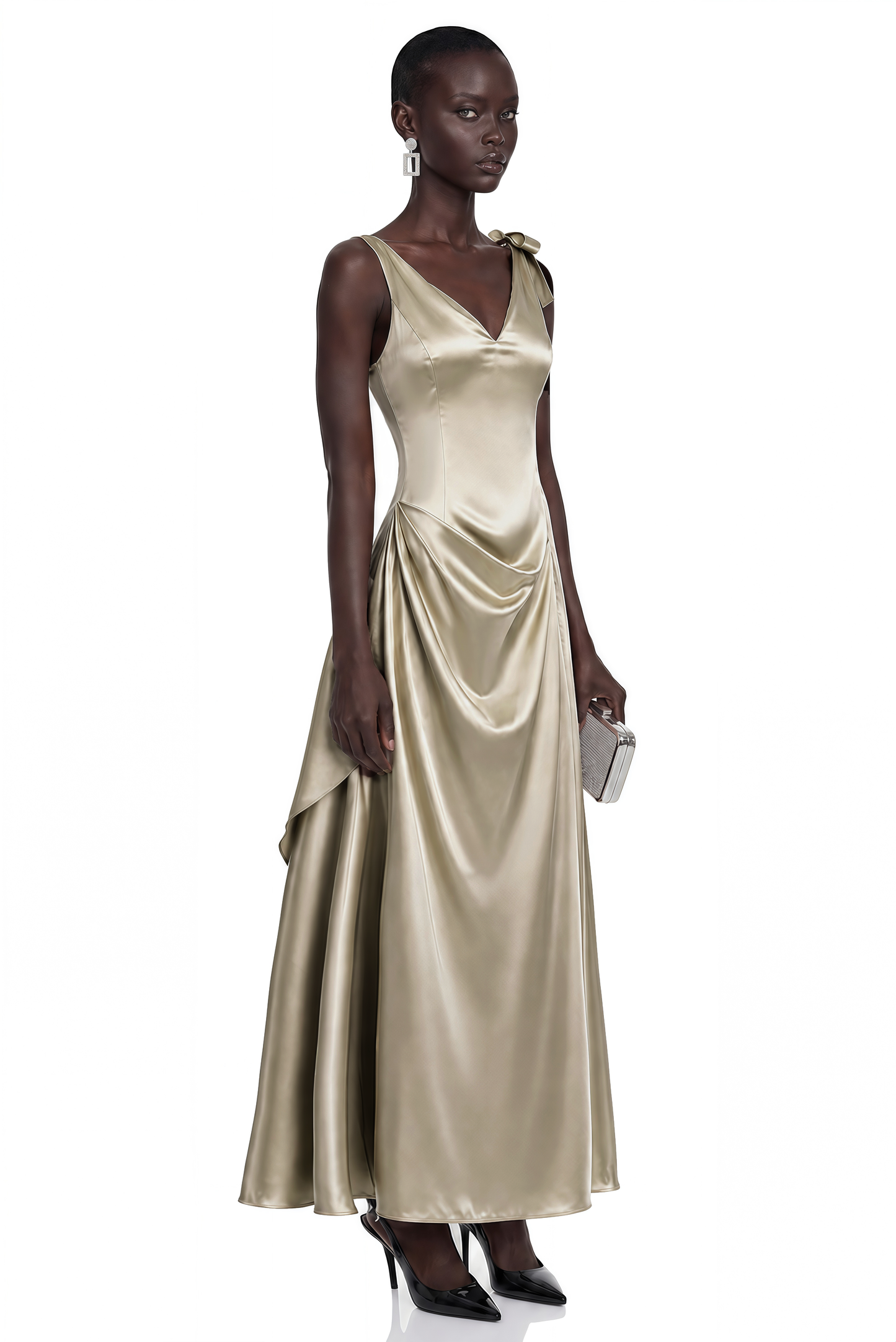 Felicity Taupe Satin V-Neck Ruched Flared Midi Dress