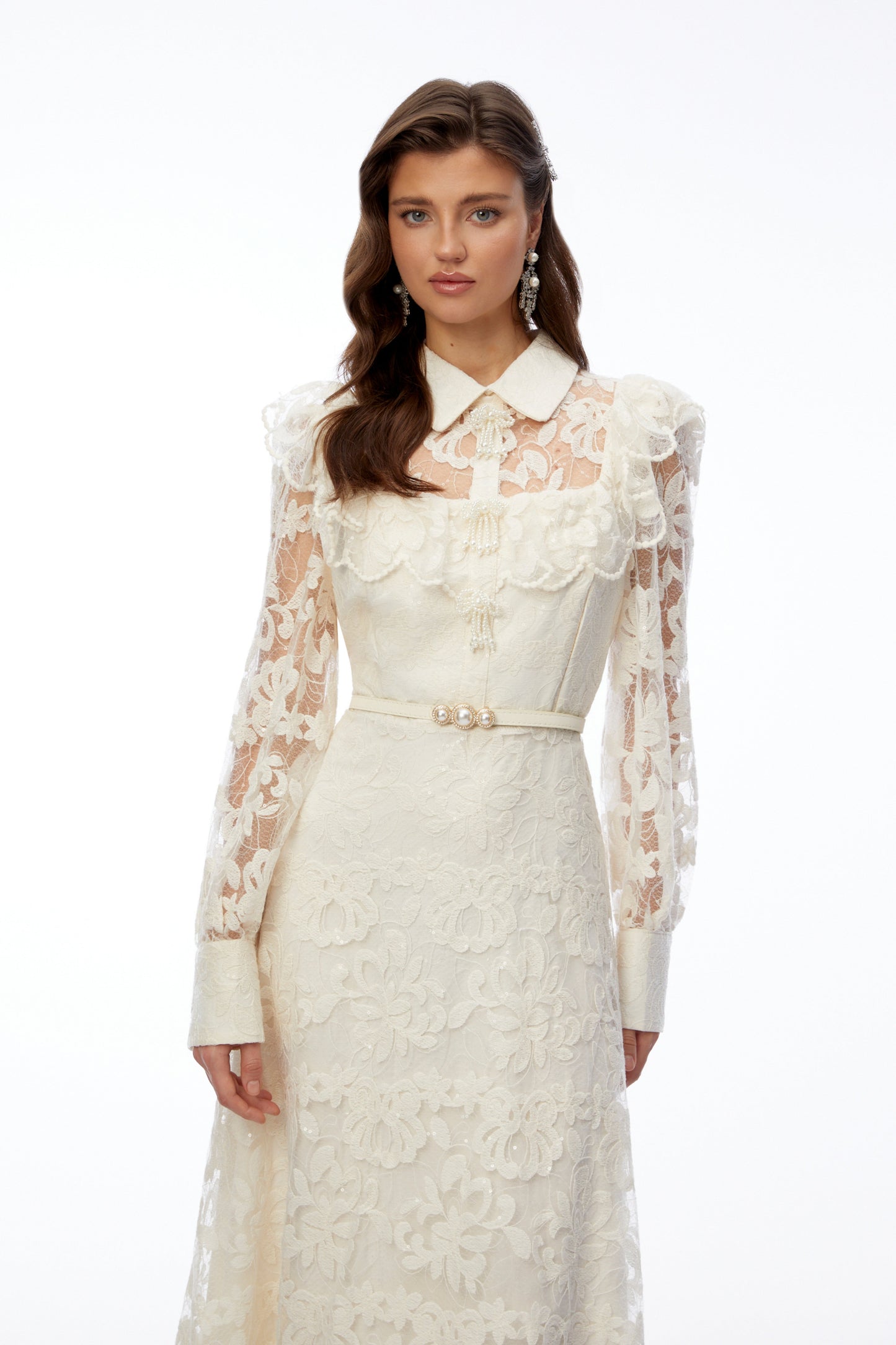 Fiord Ivory Collared Floral Lace Maxi Dress