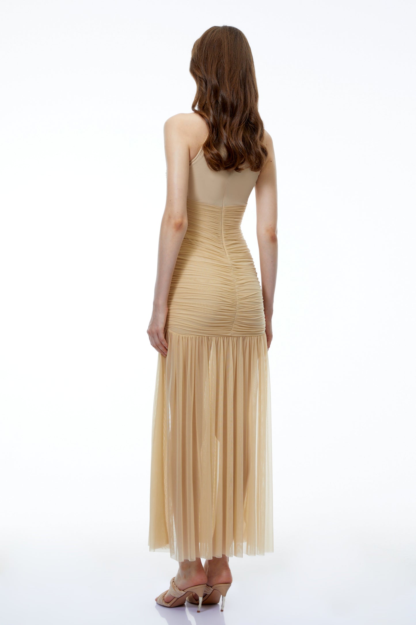 Fiorella Champagne Sweetheart Ruched Maxi Dress