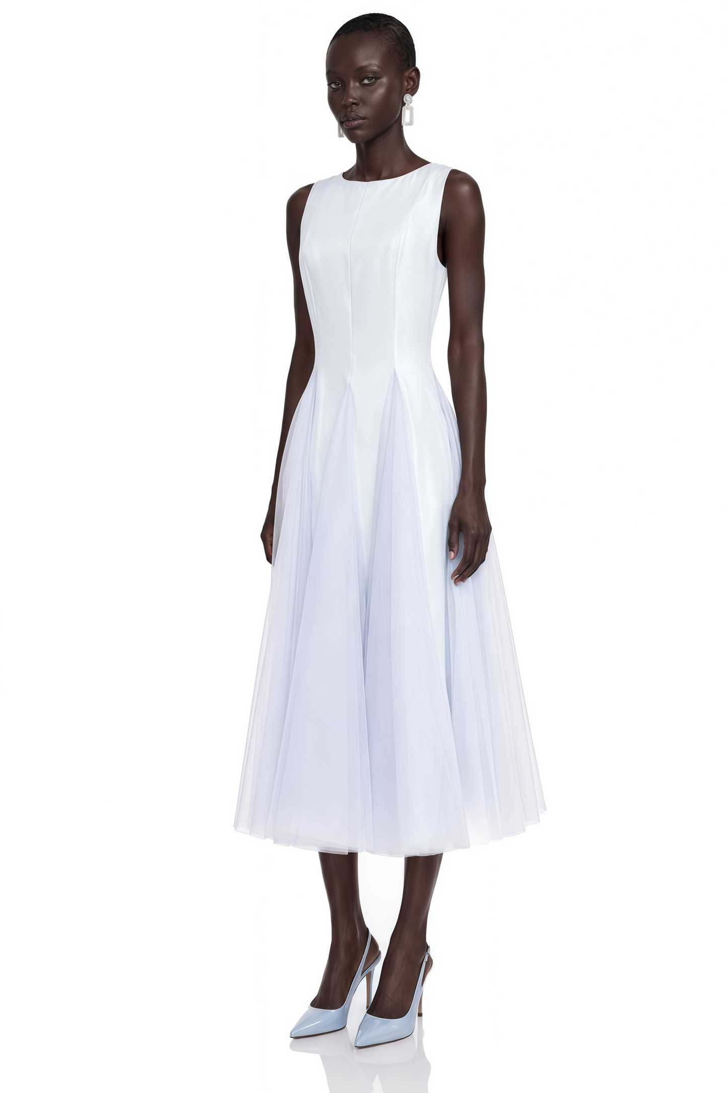Florentina Blue Midi Dress with Tulle Panels