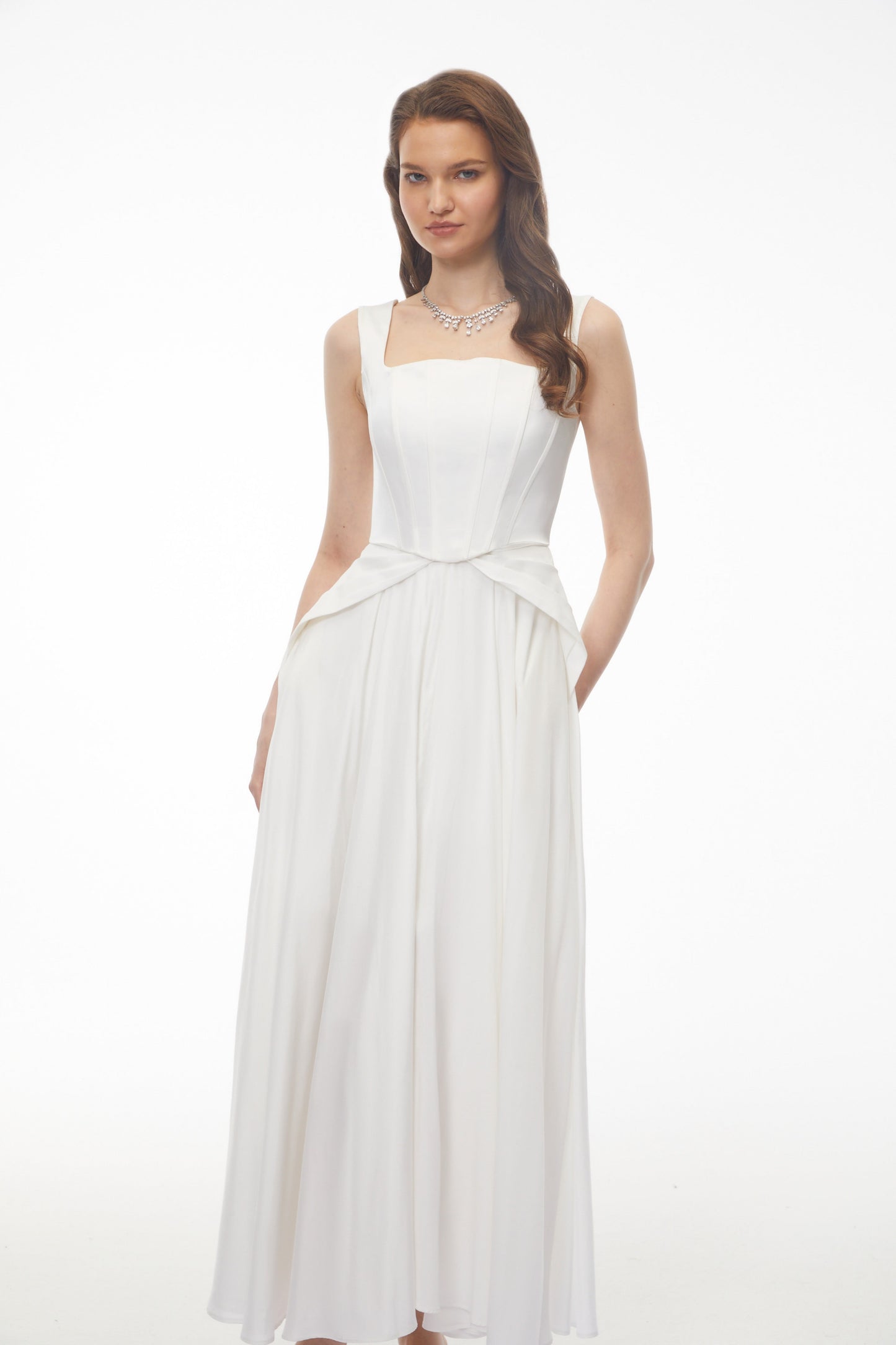 Forugh White Pleated Satin Maxi Dress
