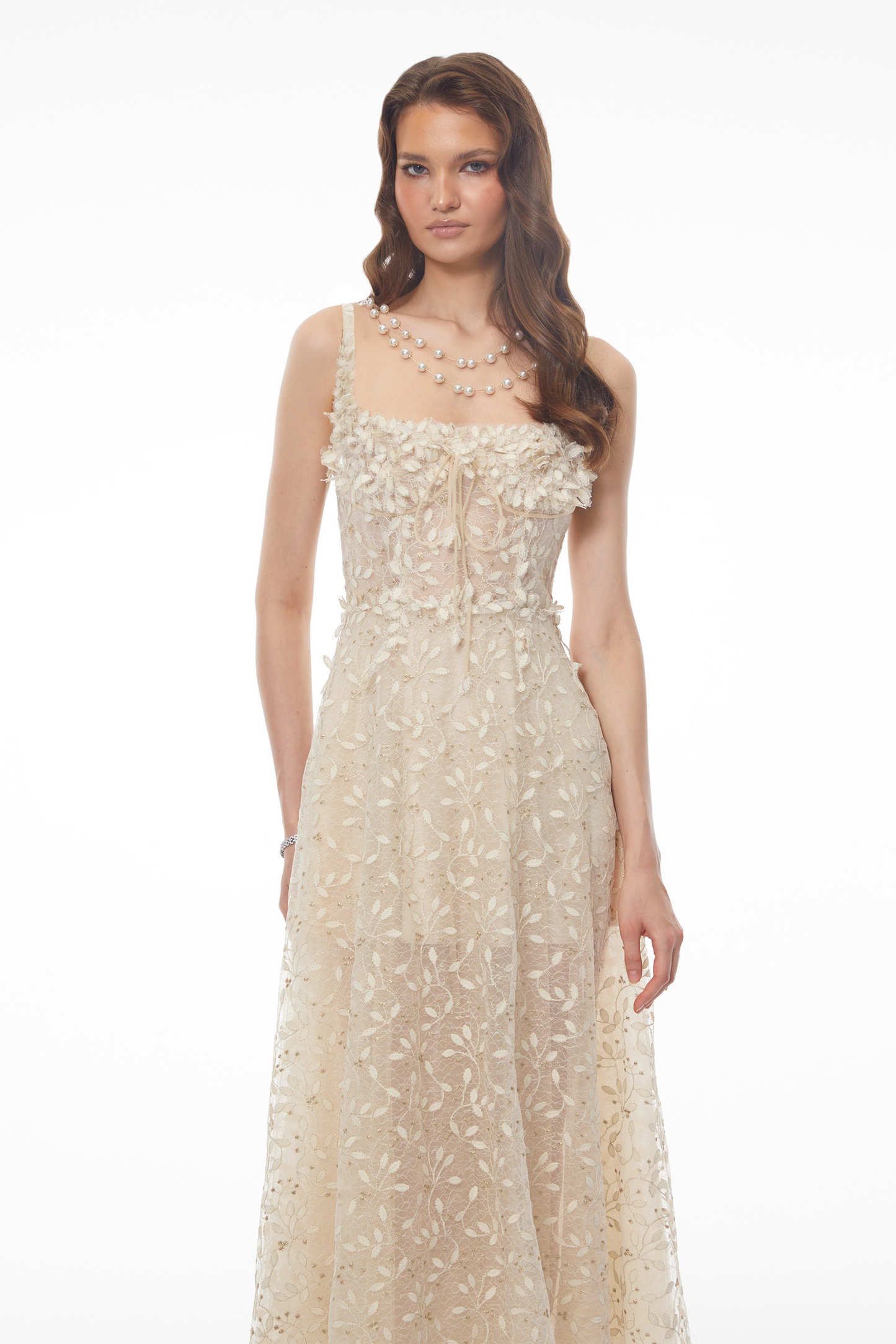 Gabriella Champagne Tulle Maxi Dress with 3D Petals