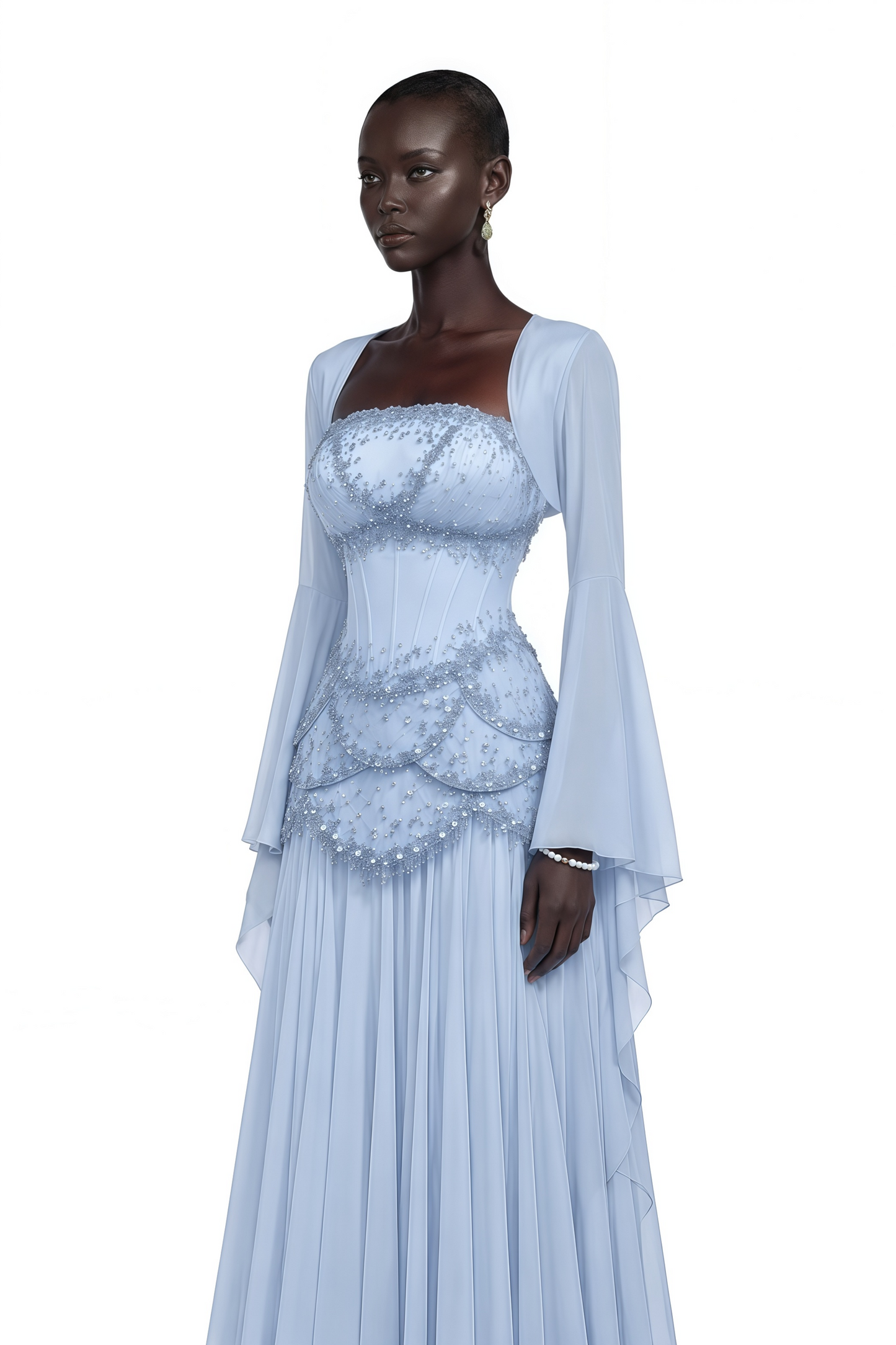 Gaëlle Faux-pearl-embellished Pleated Maxi Dress in Light-blue
