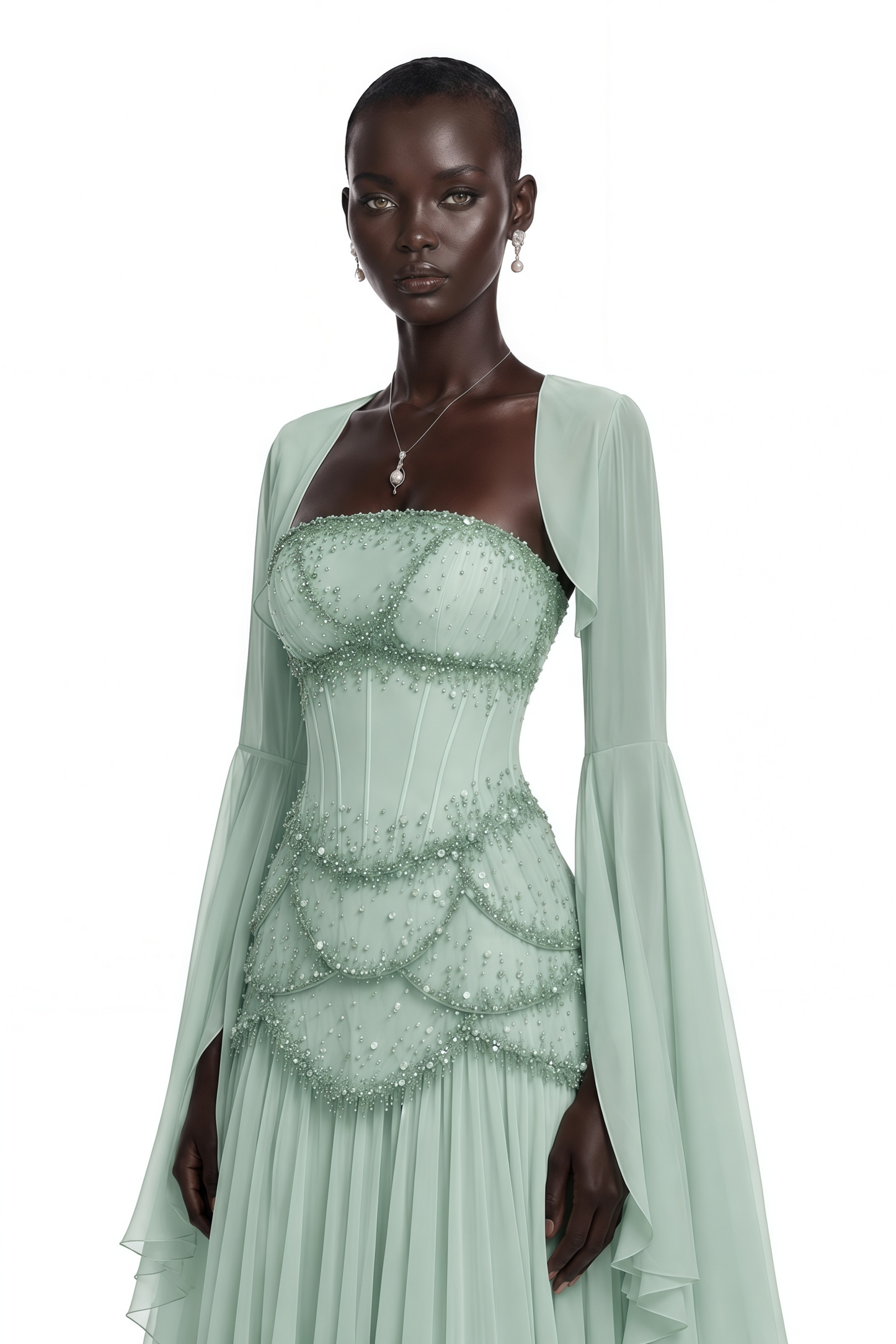 Gaëlle Green Faux-pearl-embellished Pleated Maxi Dress