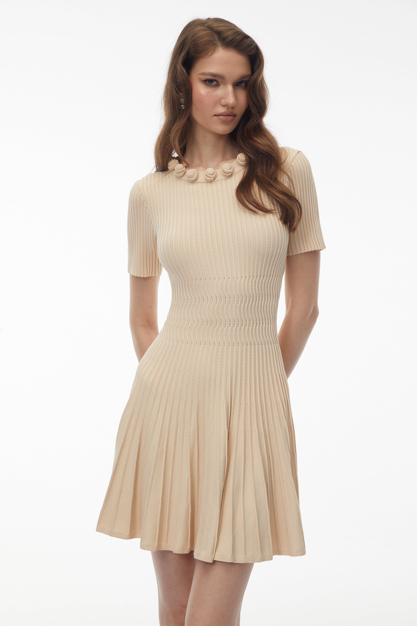 Galatea Neutral Ribbed Knit Midi Dress