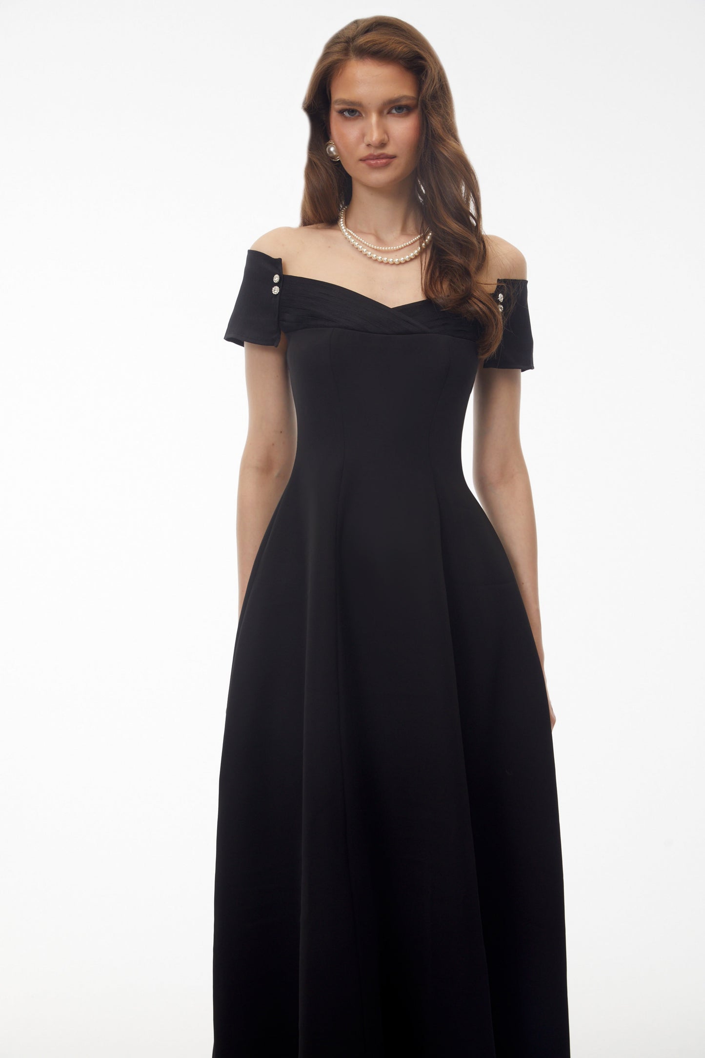 Genevieve Black Off Shoulder Fitted Midi Dress