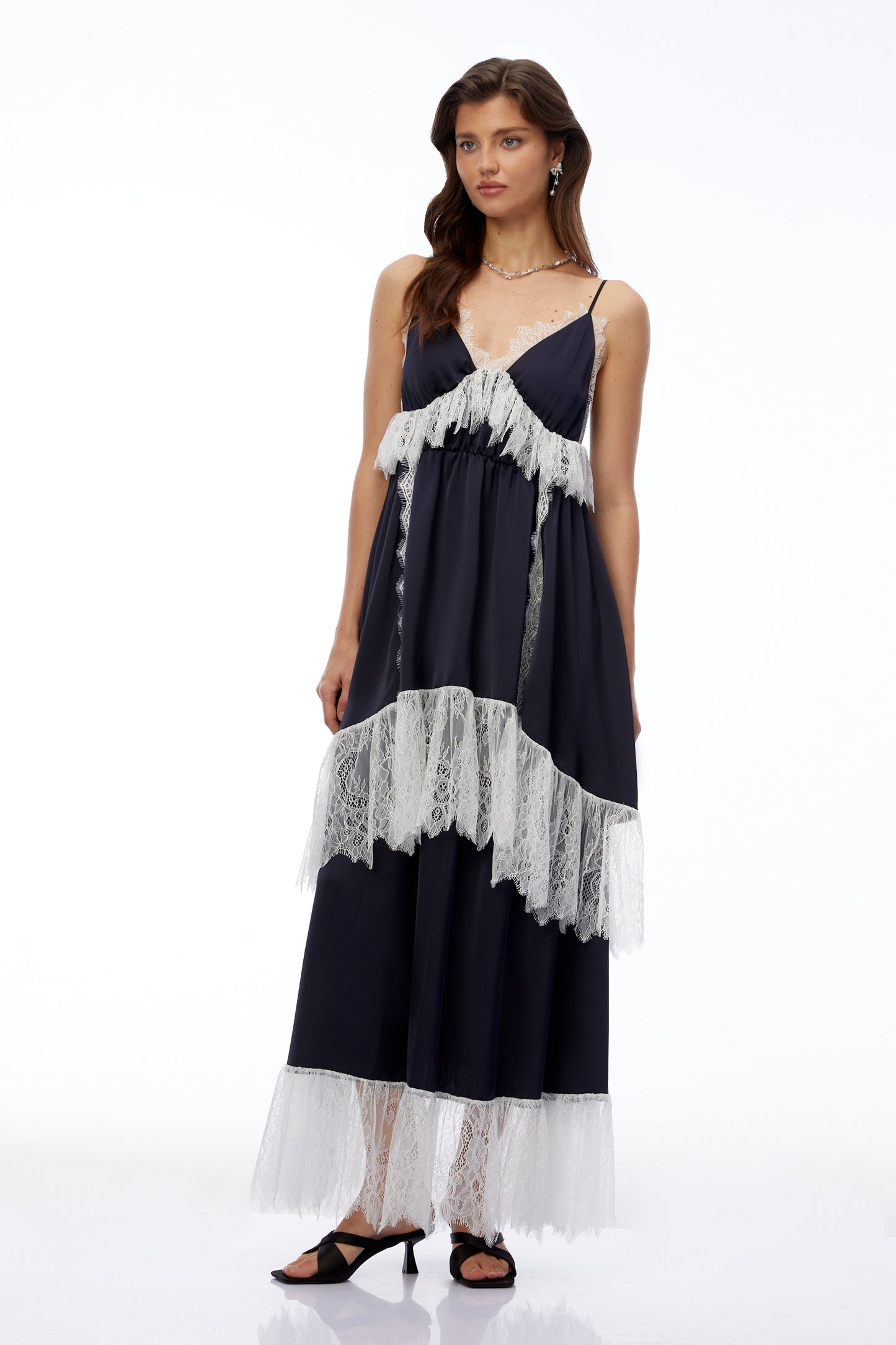Geraldine Navy Blue Ruffled Maxi Dress with Lace Trim