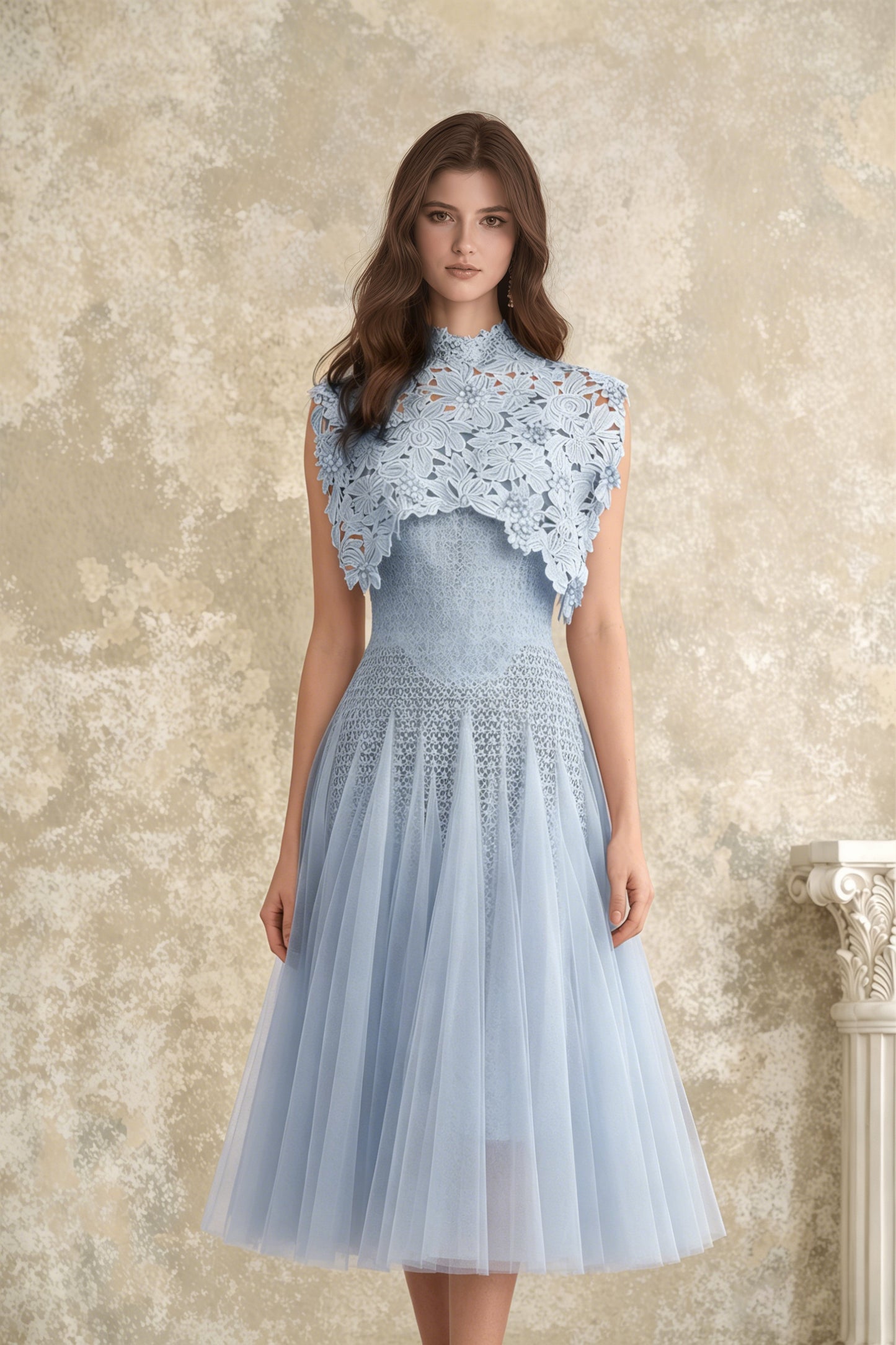 Margaret Blue Floral Crochet Midi Dress