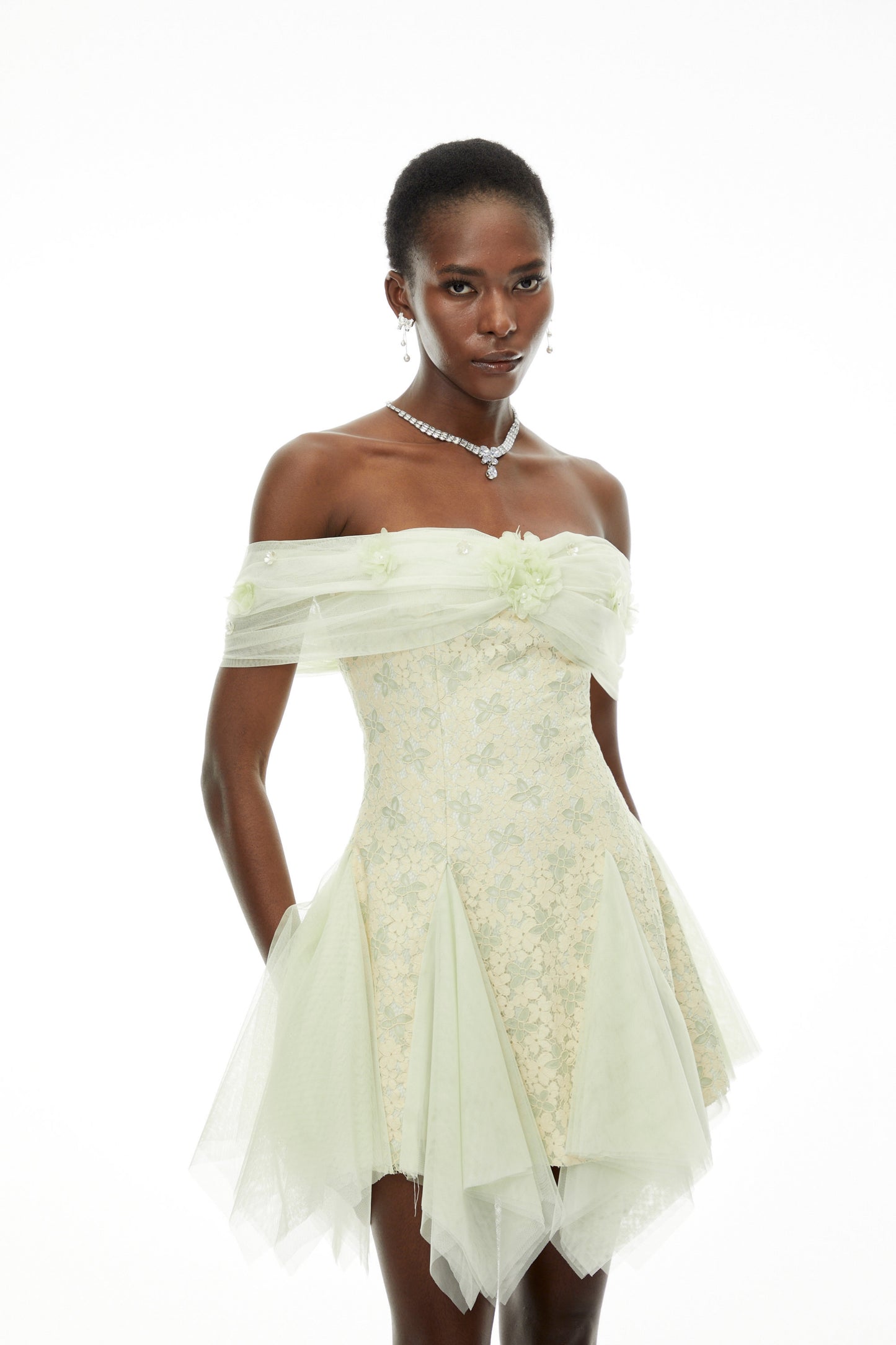 Giselle Green Off Shoulder Butterfly Print Mini Dress