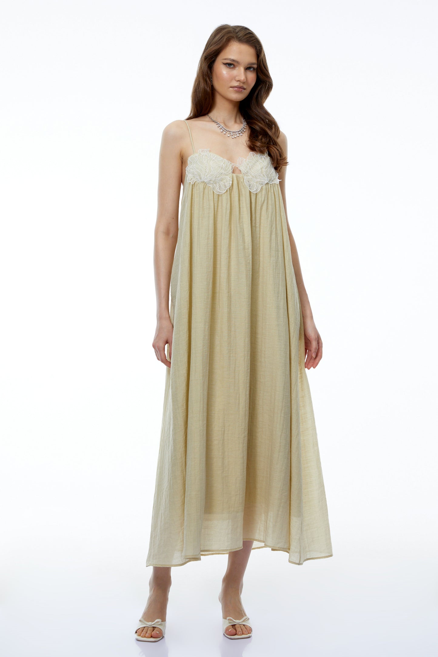 Gladys Neutral Ruched Maxi Dress with 3D Florals