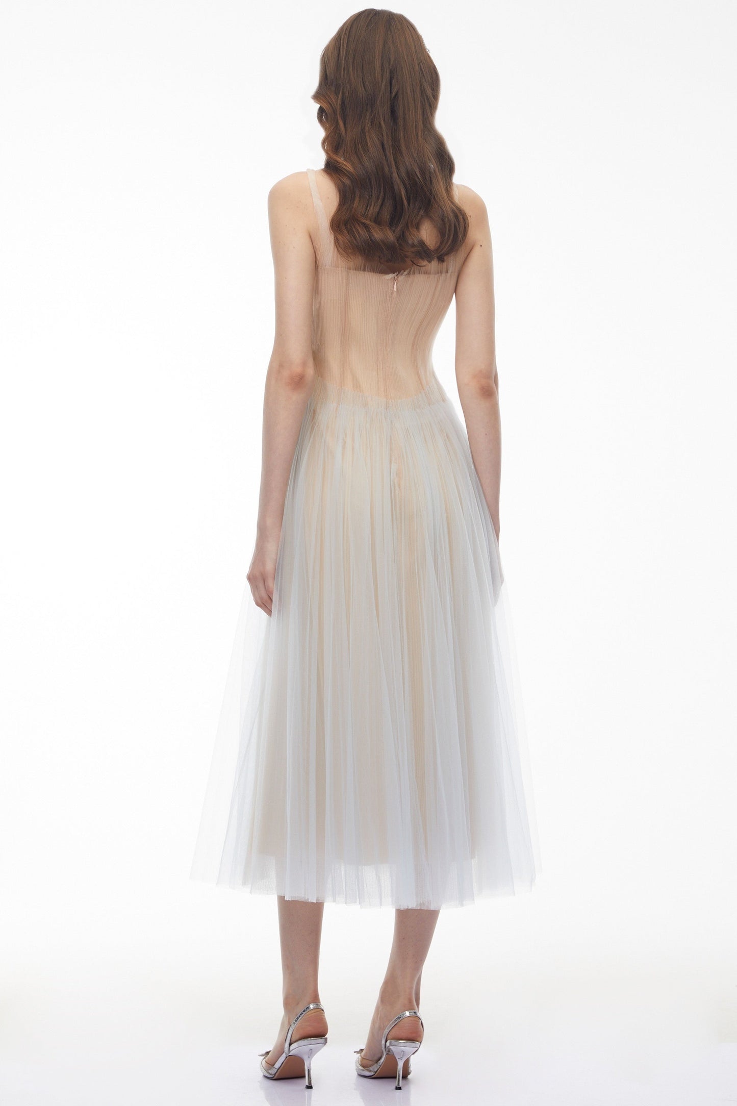 Graciana Dusty Blue Pleated Mesh Midi Dress