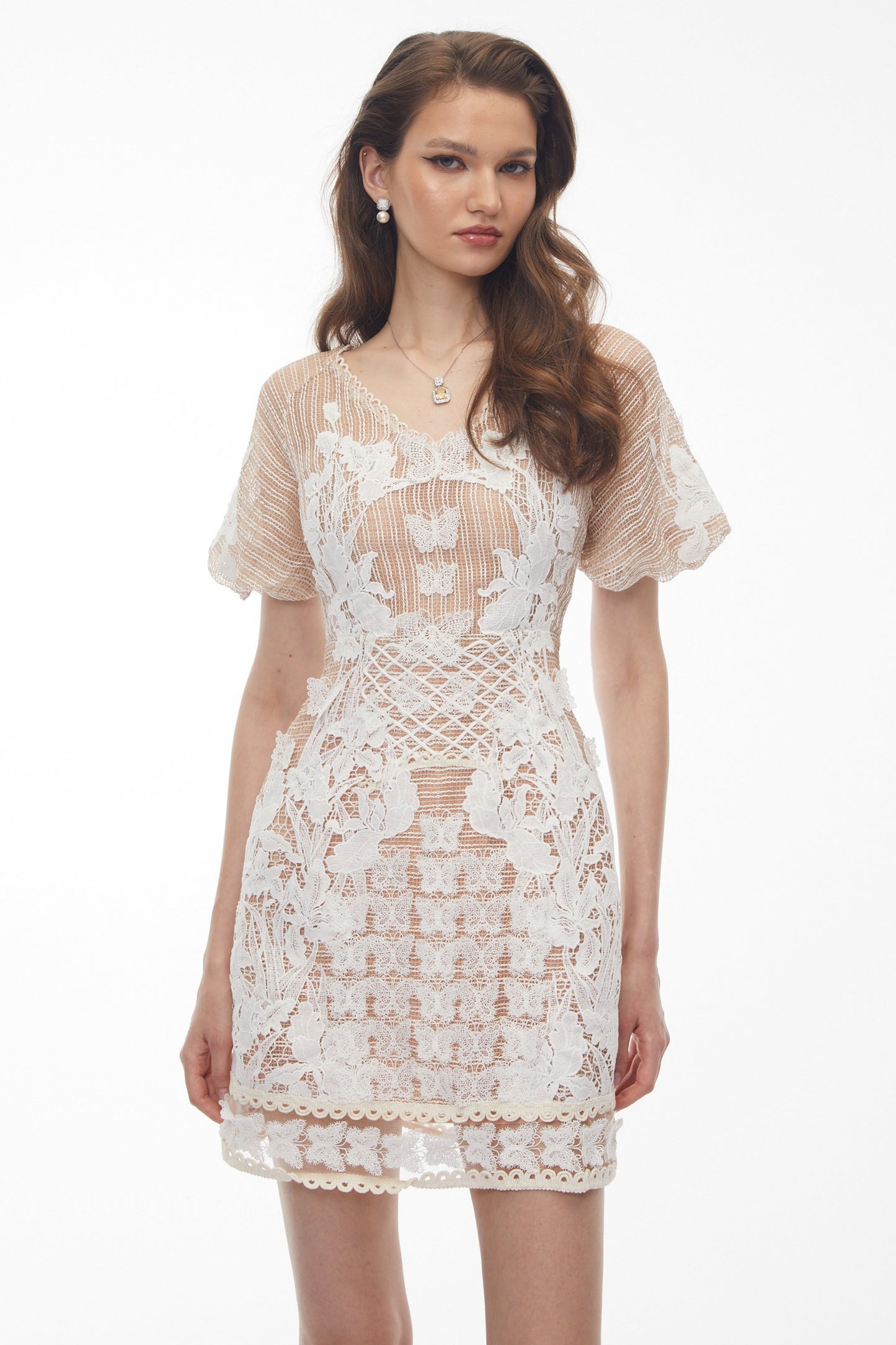 Halsey Neutral Lace Mini Dress with Butterfly Appliqué