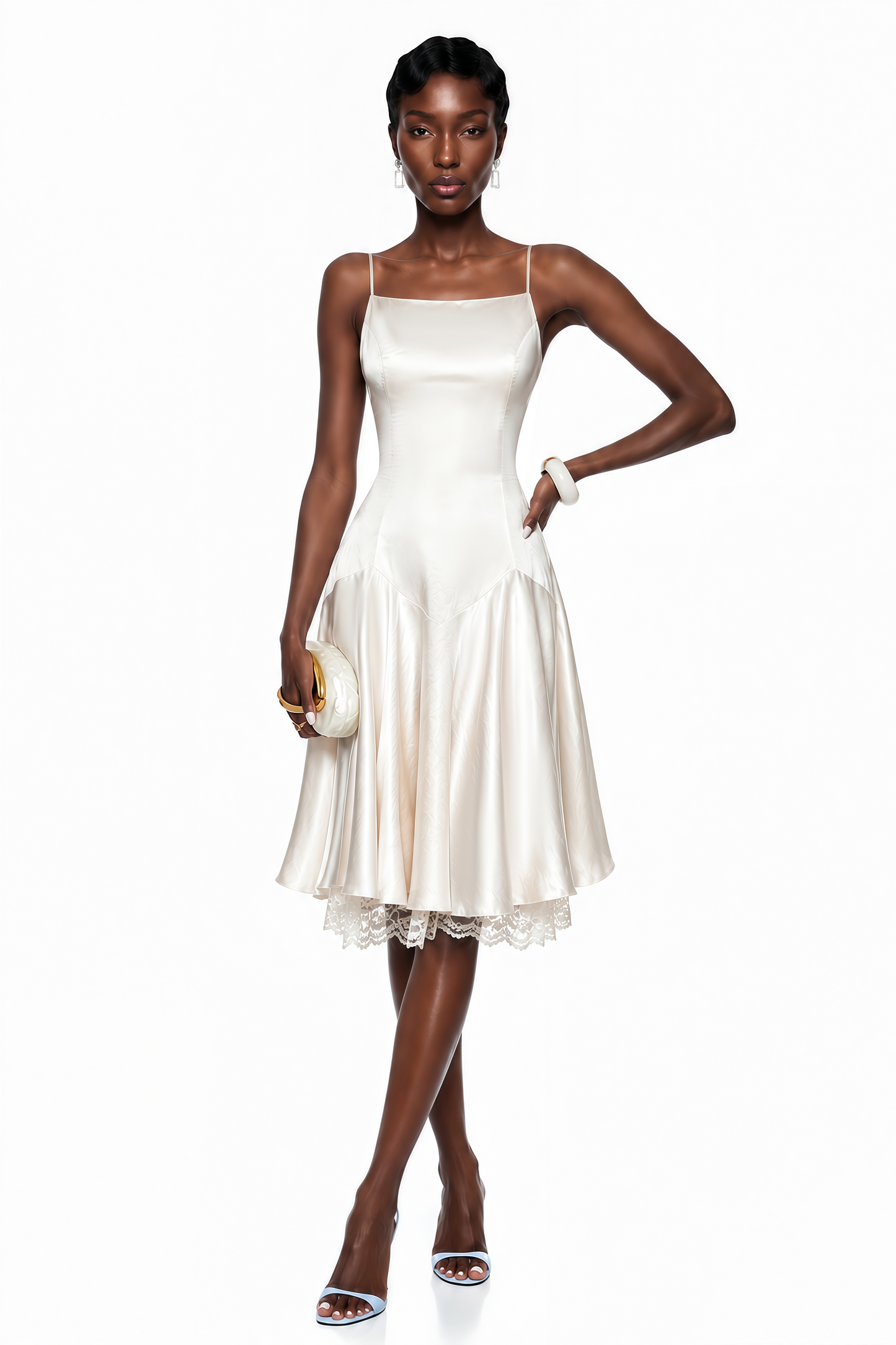 Hanife Champagne Satin Midi Dress with Lace Panels
