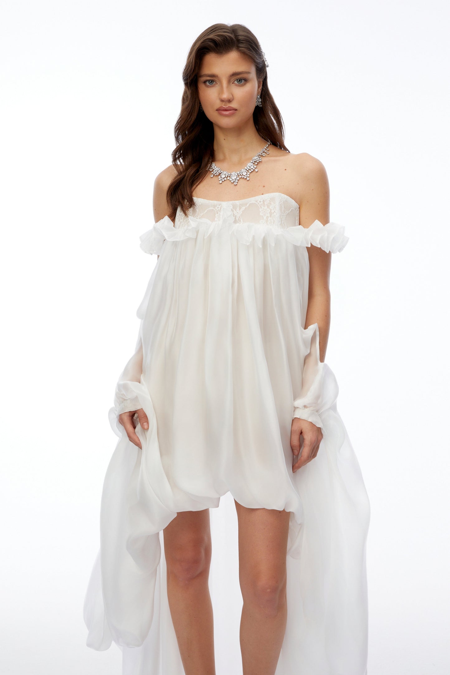 Brooklyn White Glossy Bubble Hem Mini Dress
