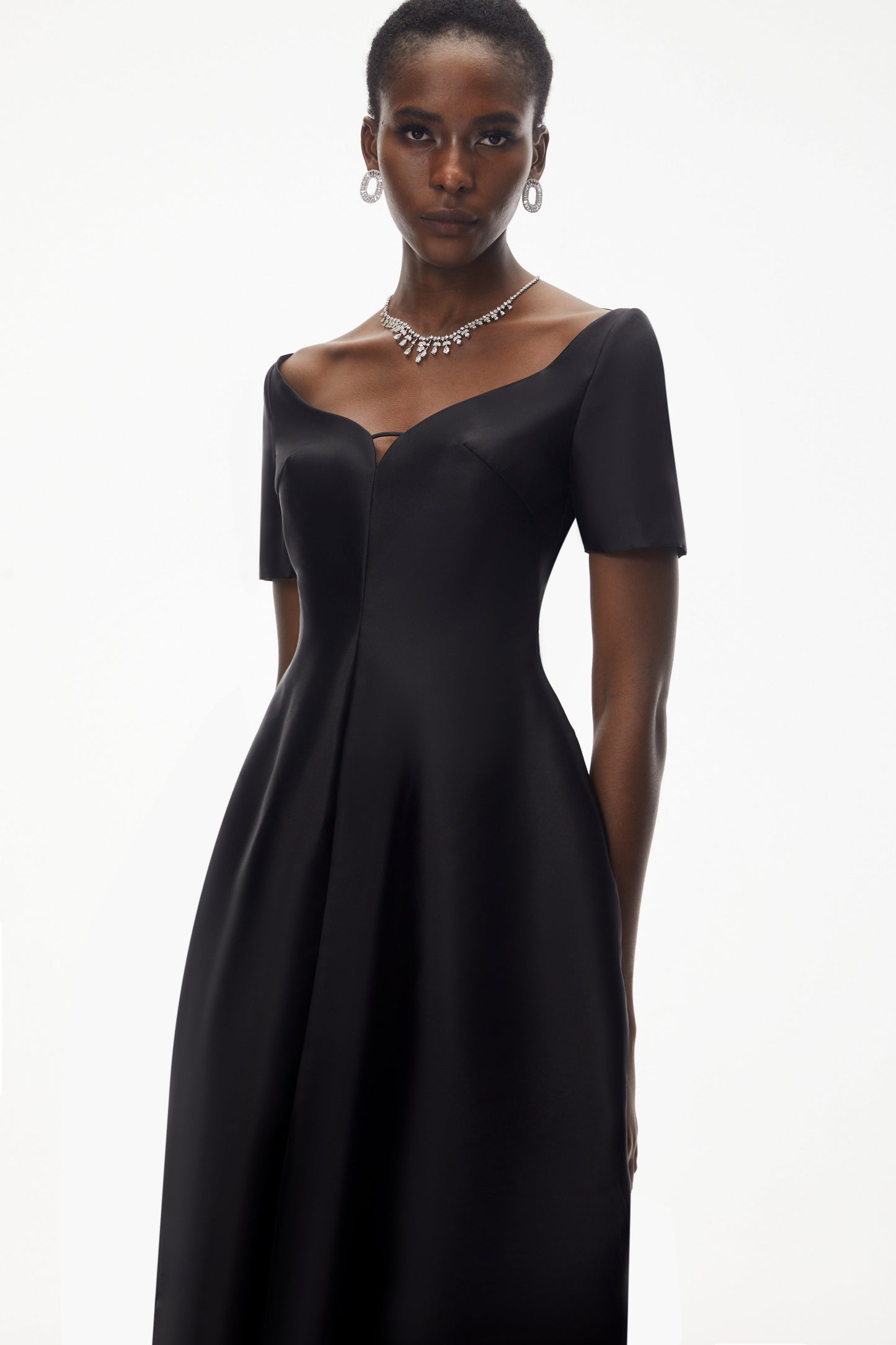 Heidi Black Plunge Neck Asymmetrical Midi Dress