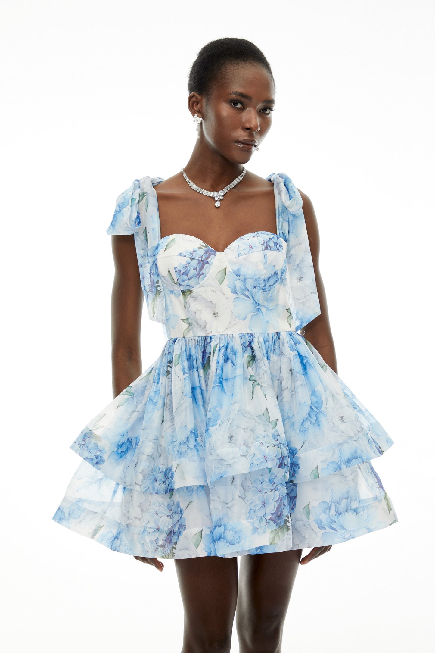 Hélène Blue Floral Print Flounced Mini Dress