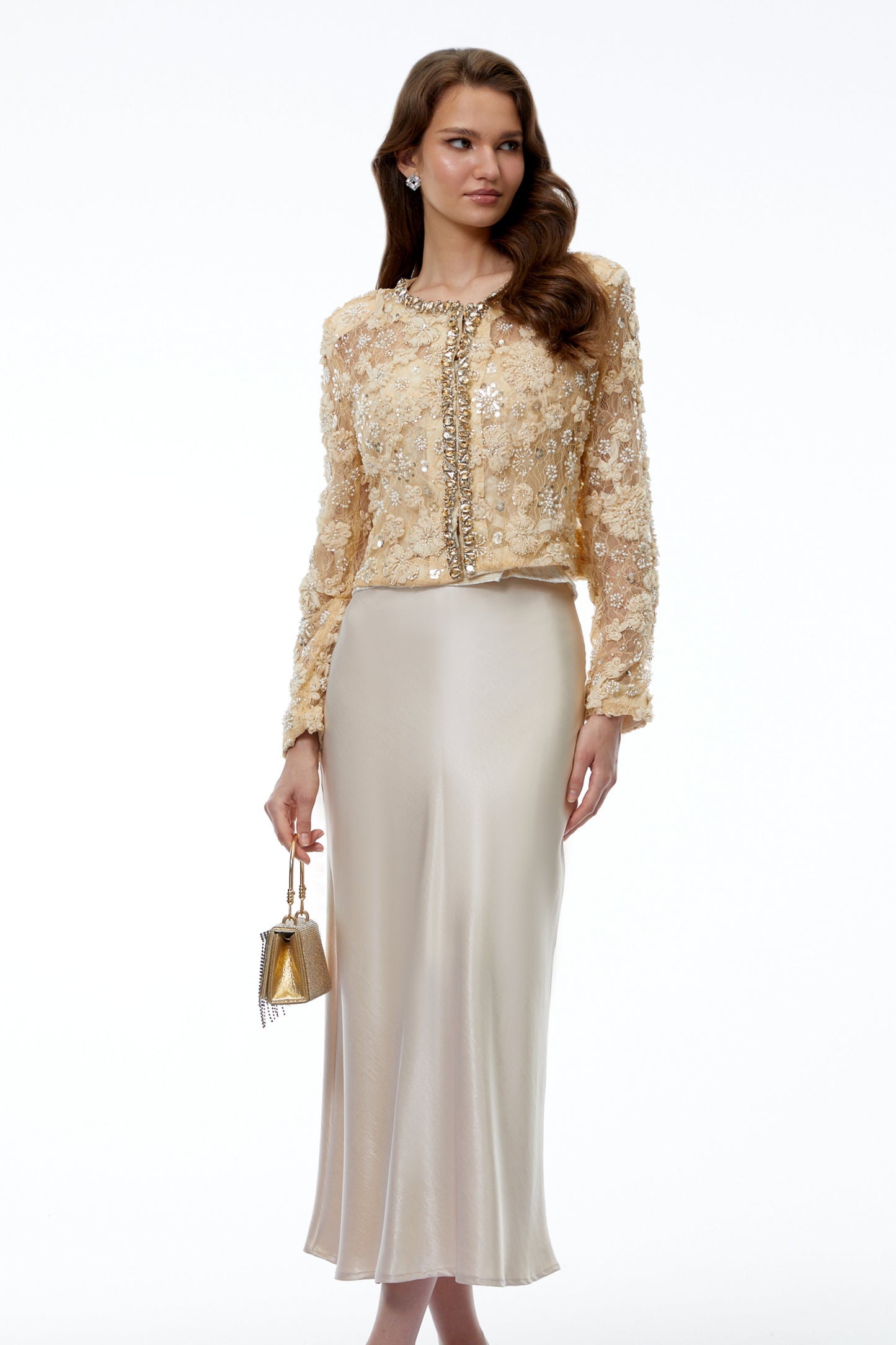 Hera Champagne Floral Embroidered Blouse with Rhinestones