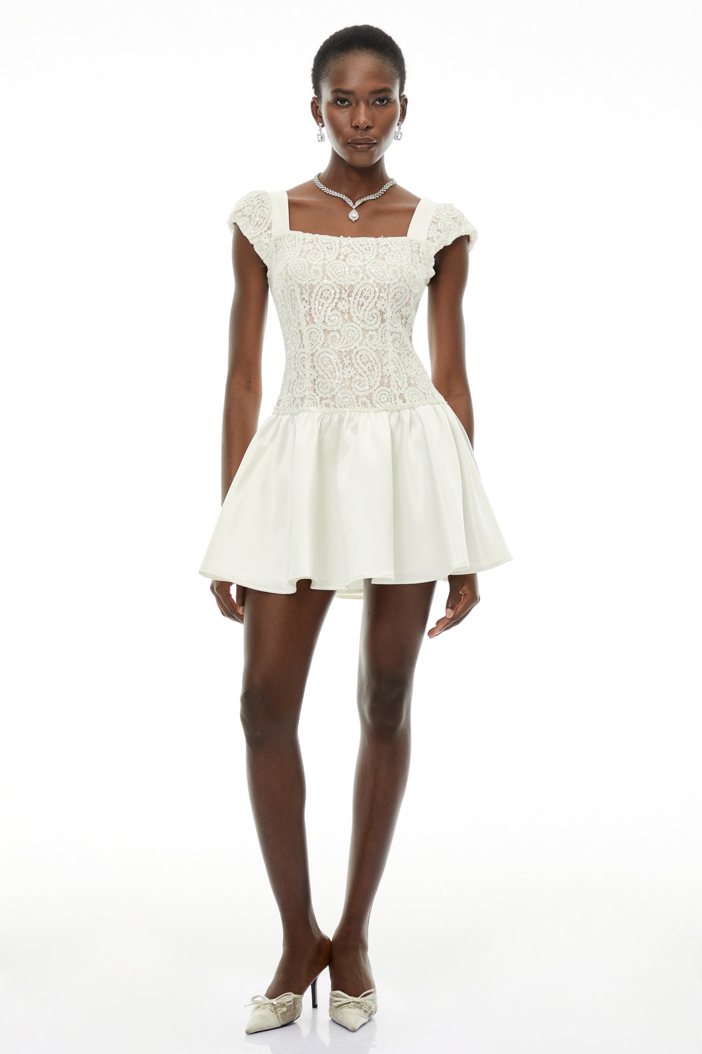 Hermione White Square Neck Mini Dress with Lace Panels