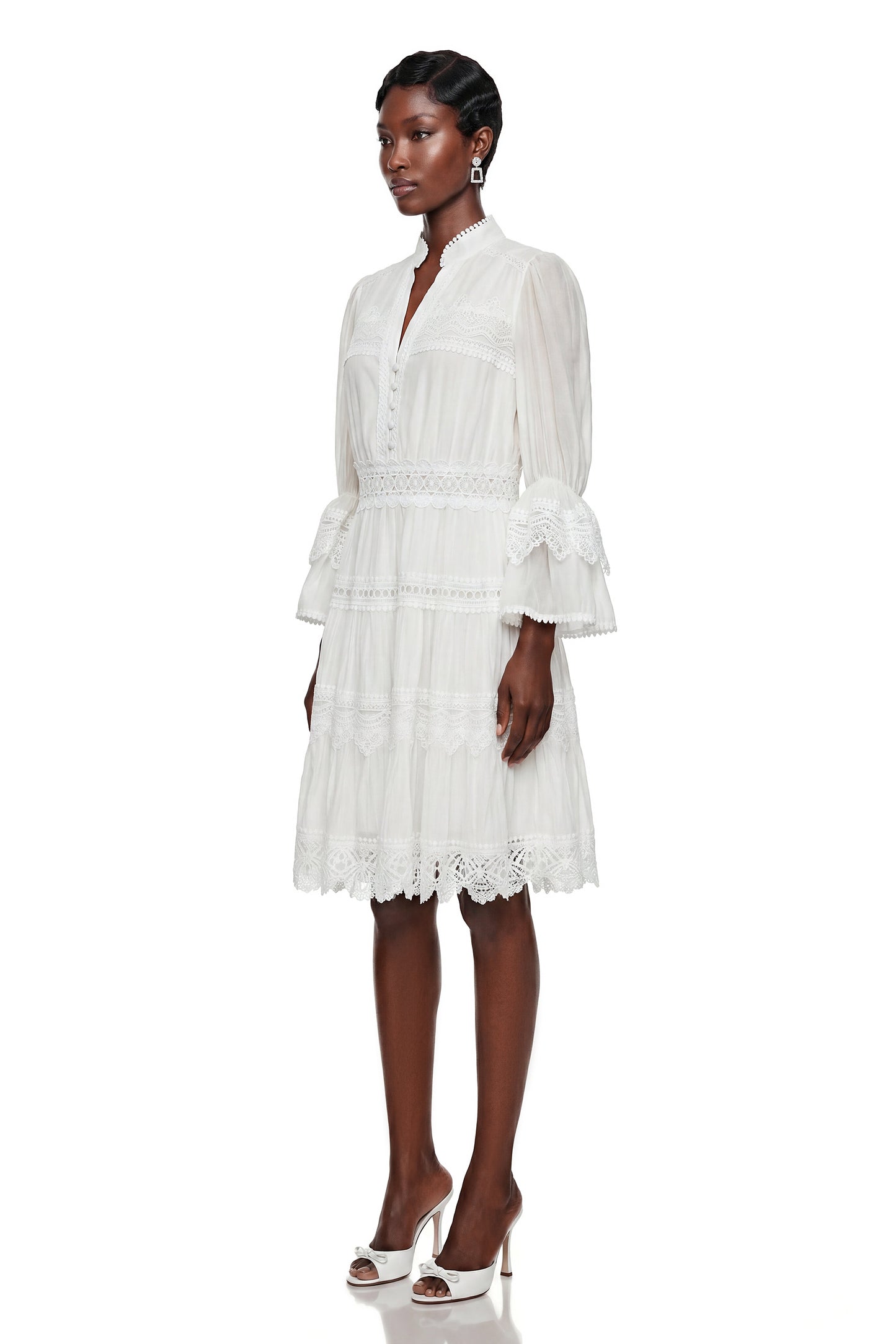 Hespera White Ruffled Floral Lace Mini Dress