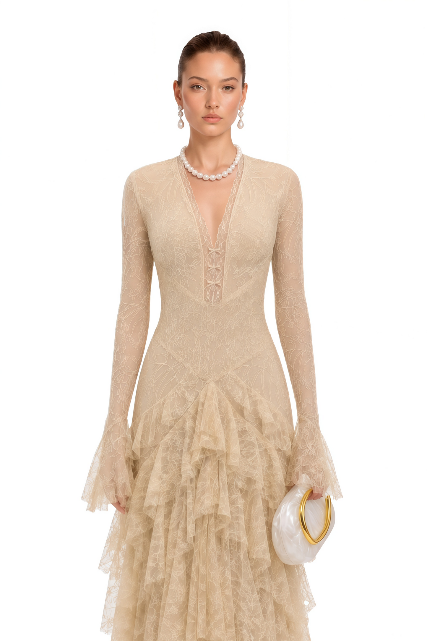 Humayma Beige Lace Tiered Midi Dress
