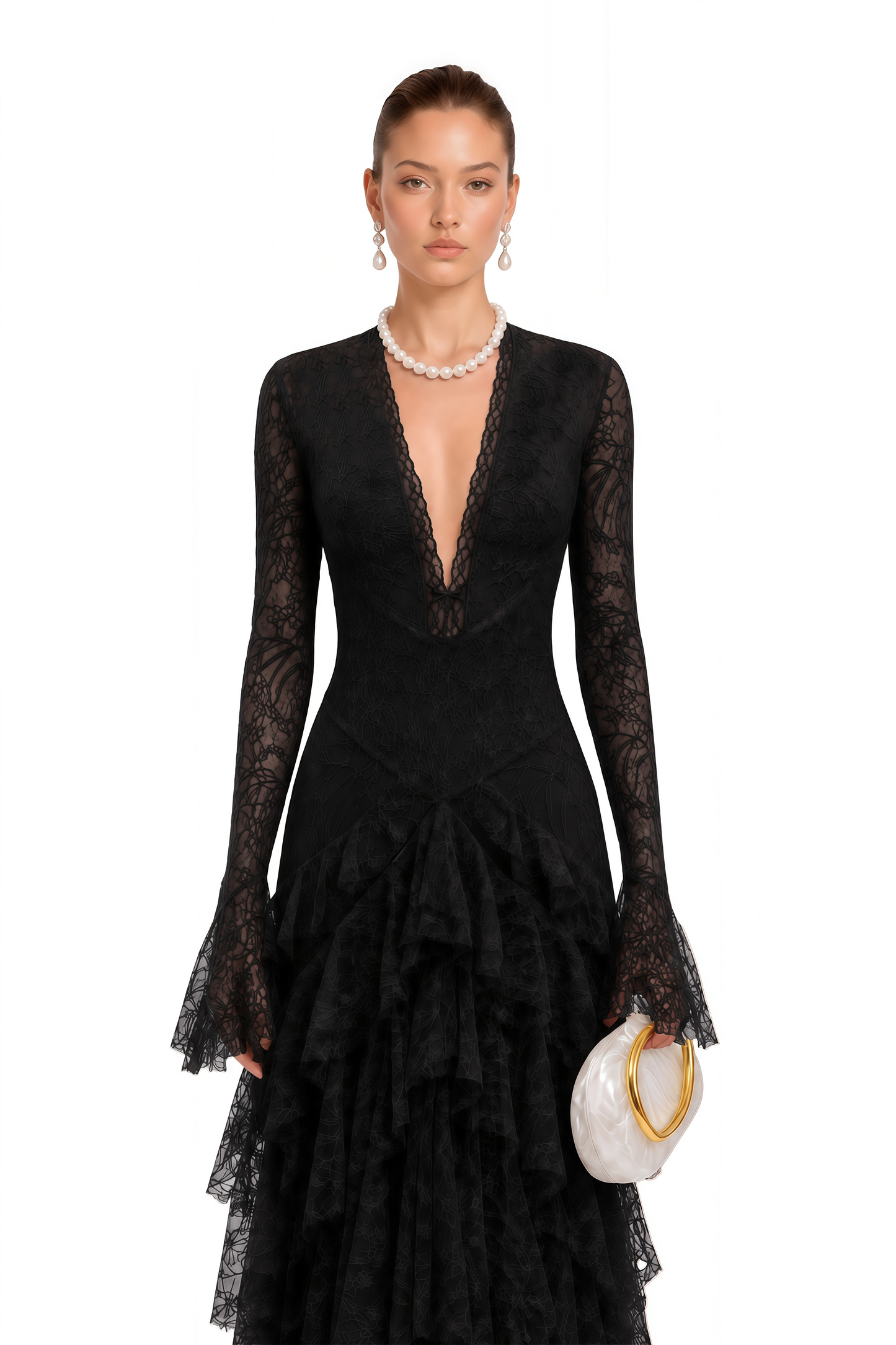 Humayma Black Lace Tiered Midi Dress