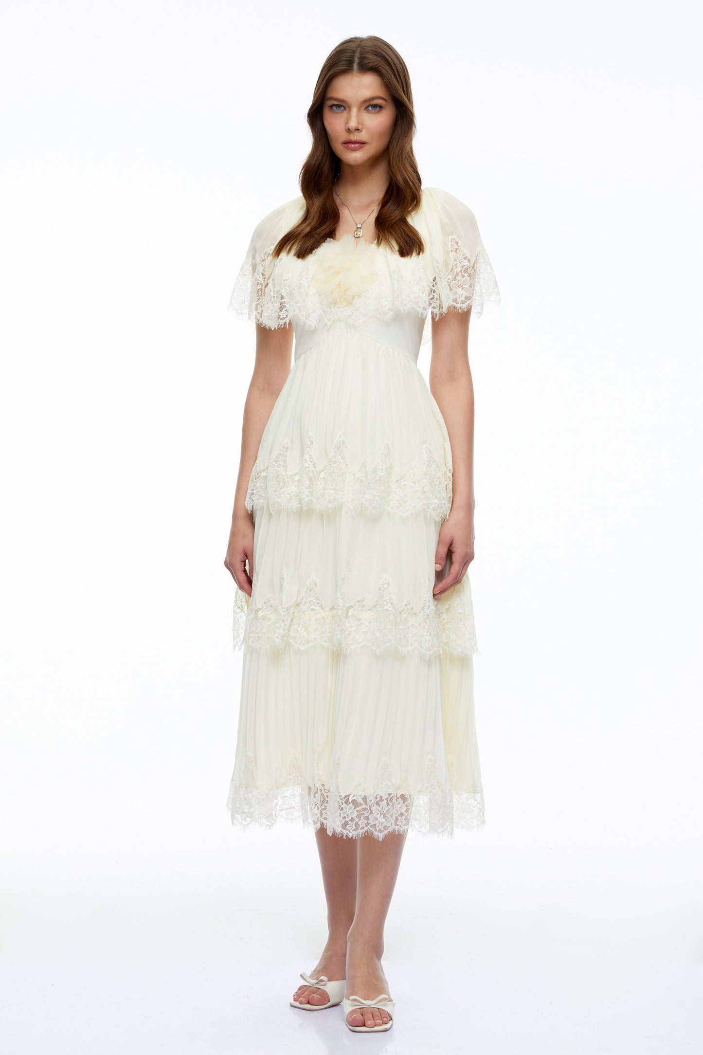 Isabeau Beige Lace Midi Dress with Cape Sleeves
