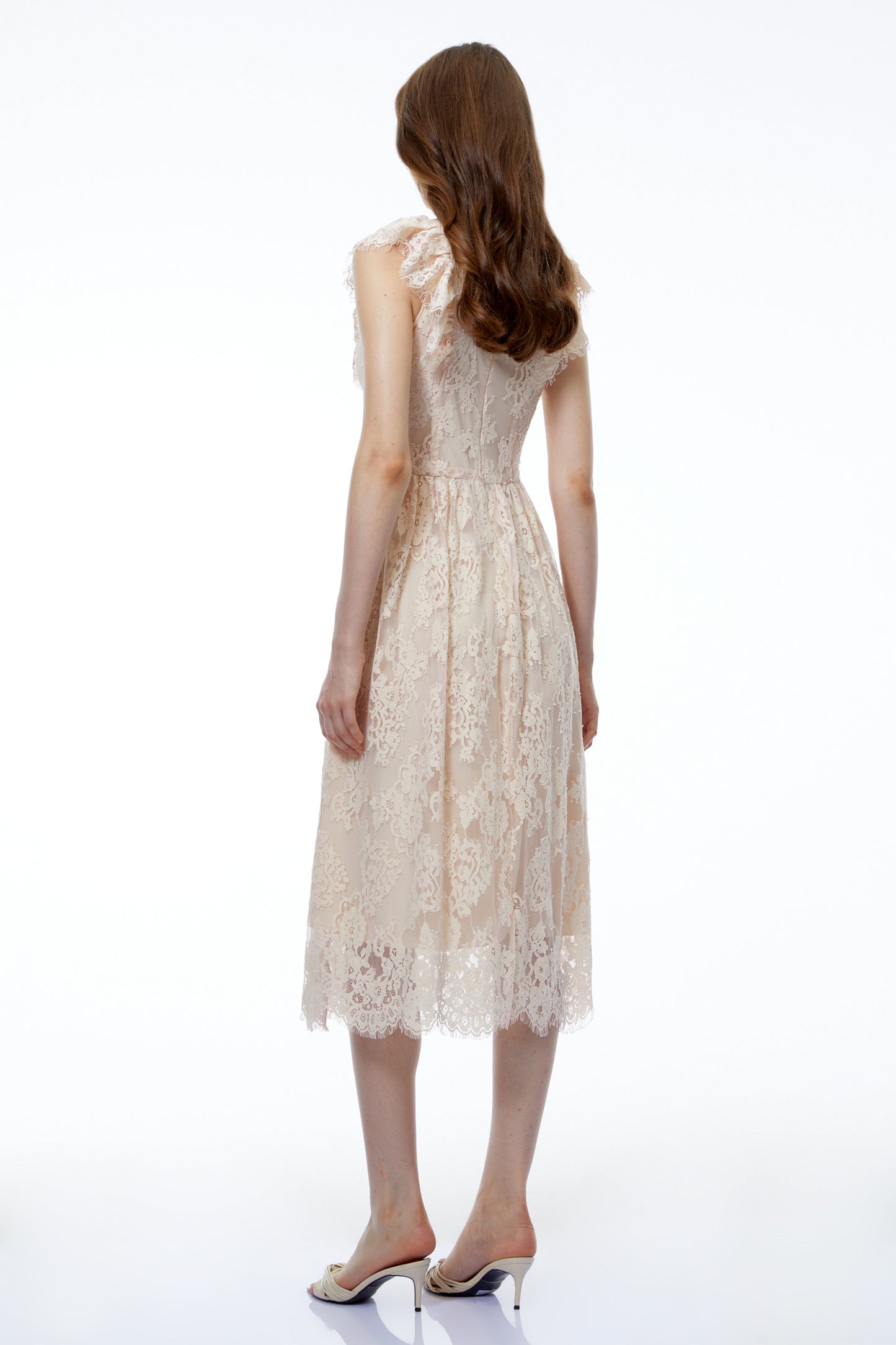 Isla Pink Sleeveless Ruched Midi Dress with Lace Trim