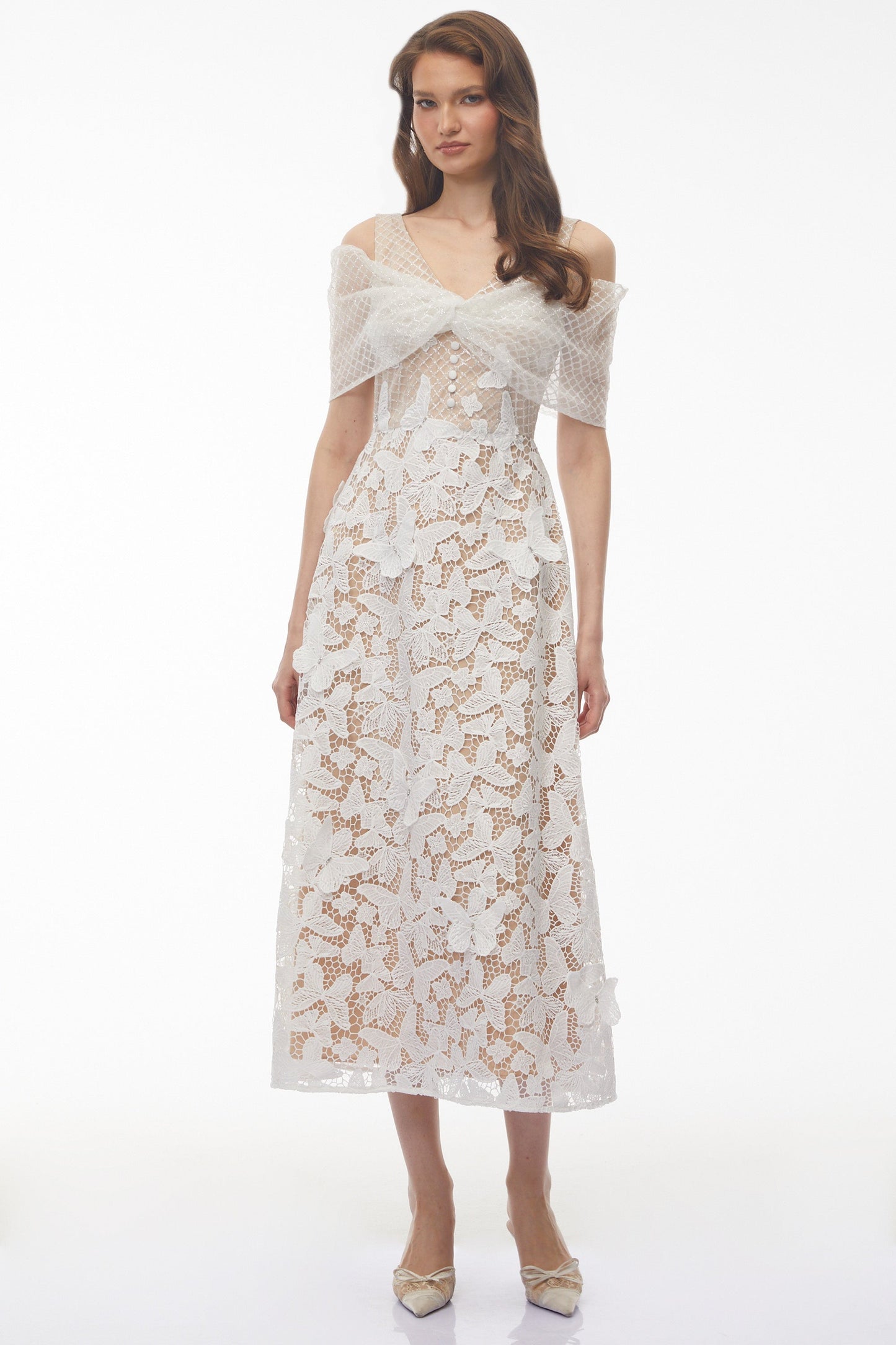 Isla White Cold Shoulder Midi Dress with Butterfly Applique