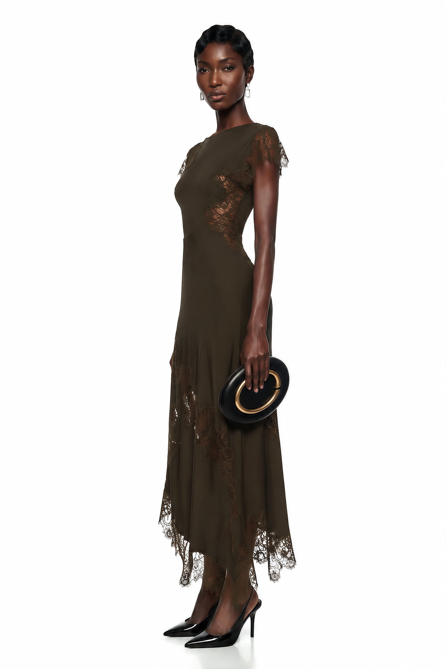 Jacinta Chocolate Brown Asymmetrical Midi Dress with Lace Panels