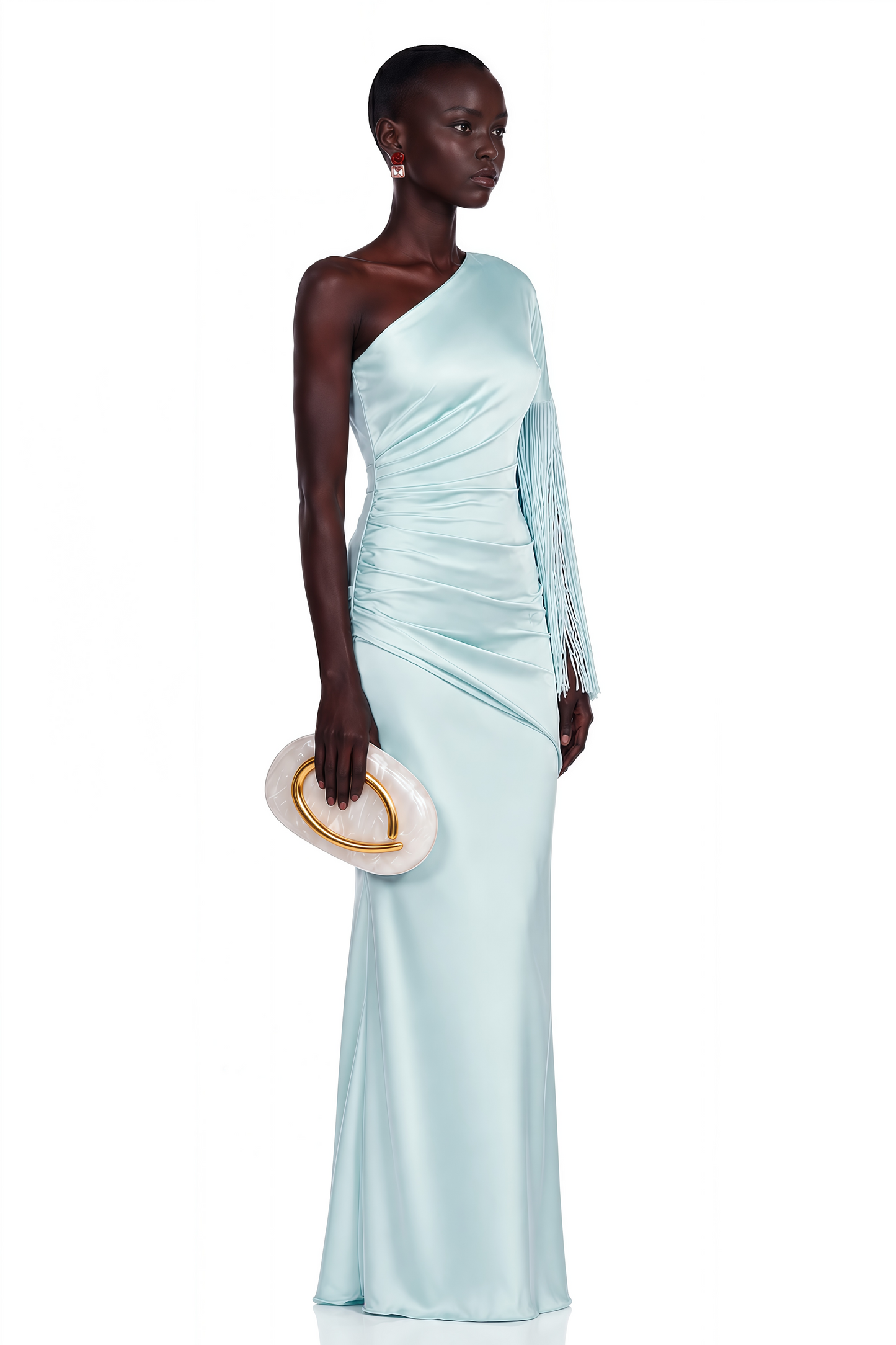 Jacinta Light Blue One Shoulder Fringe Maxi Dress