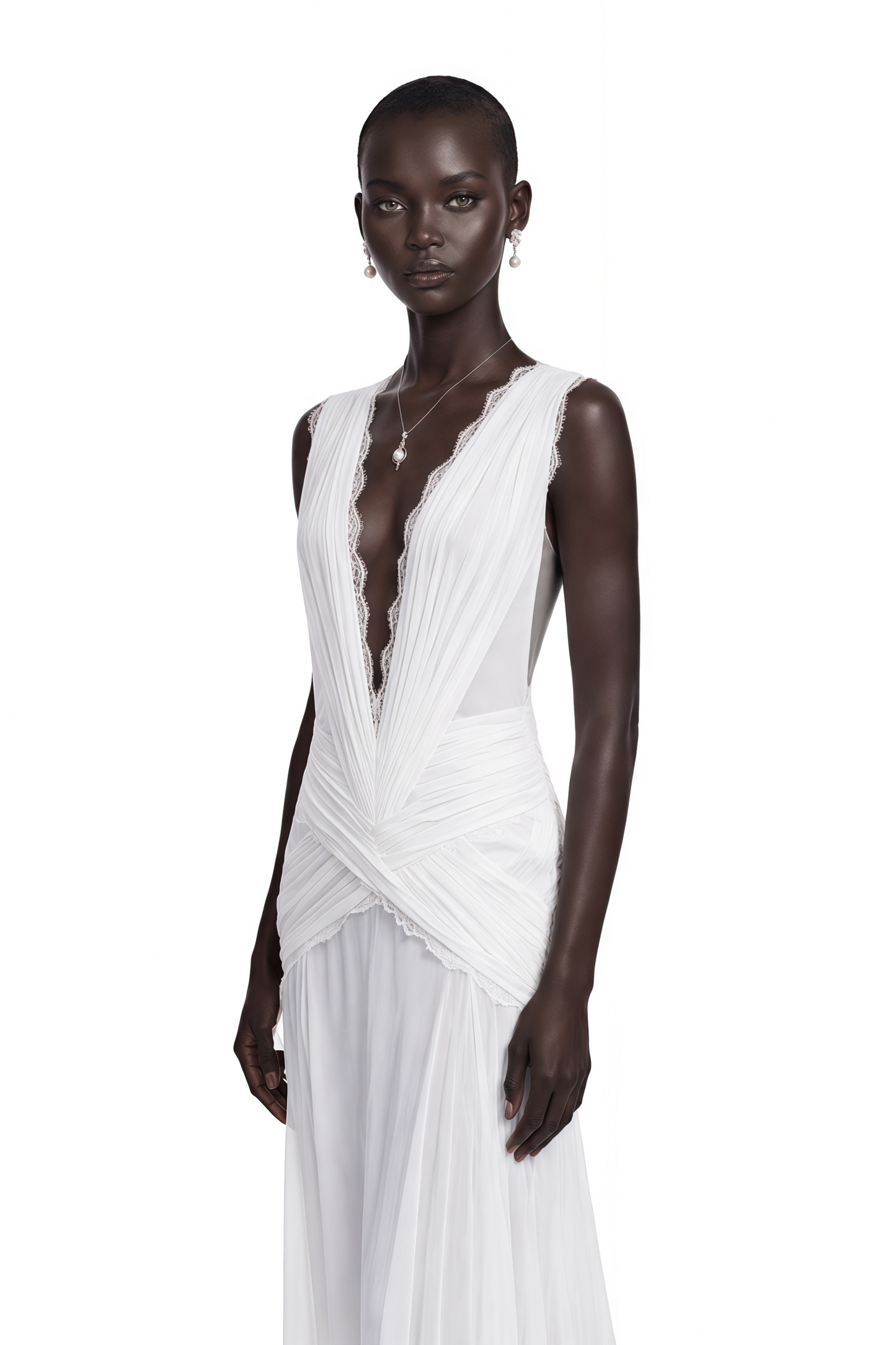 Jasmine White Plunge Neck Ruched Maxi Dress