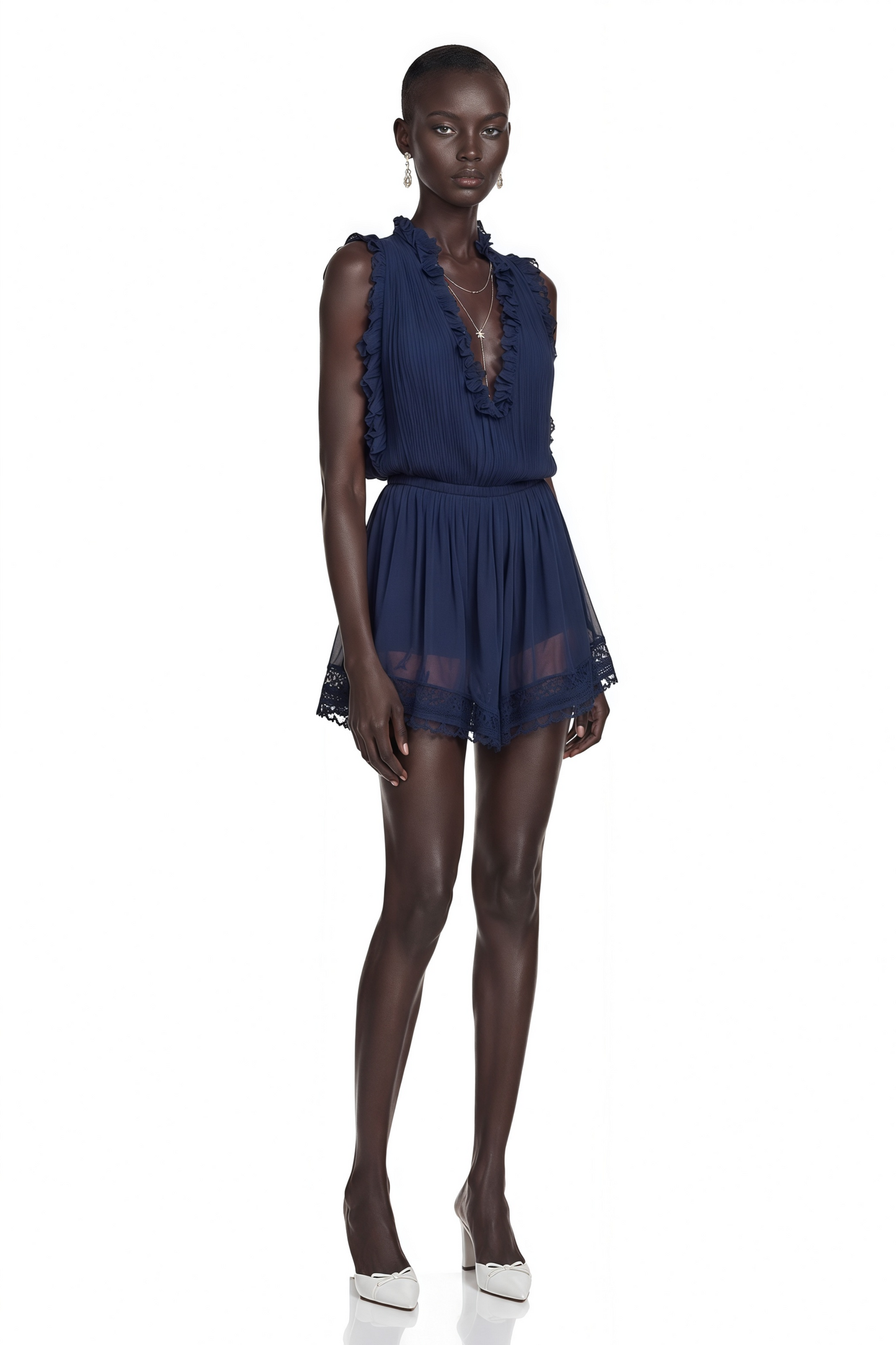 Jocelyn Navy Blue V-Neck Lace Mini Dress with Ruffled Trim