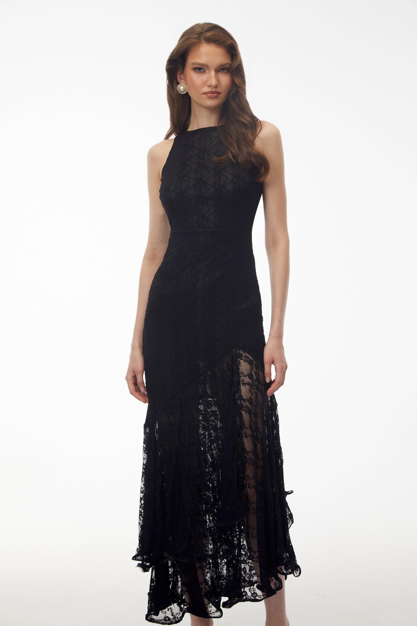 Jonah Black Lace Panel Ruffled Midi Dress