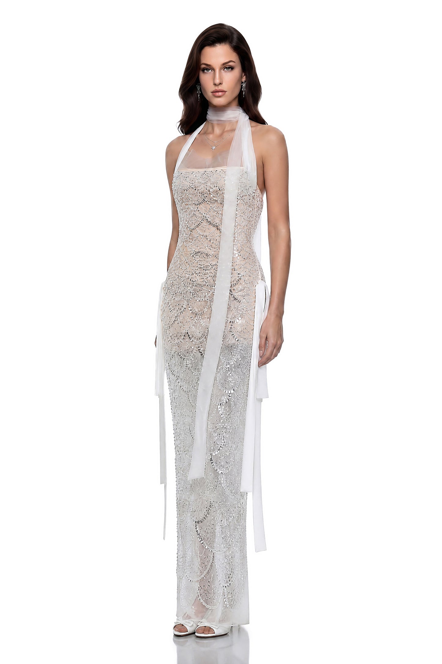 Jovienne White Sequin Embellished Maxi Dress