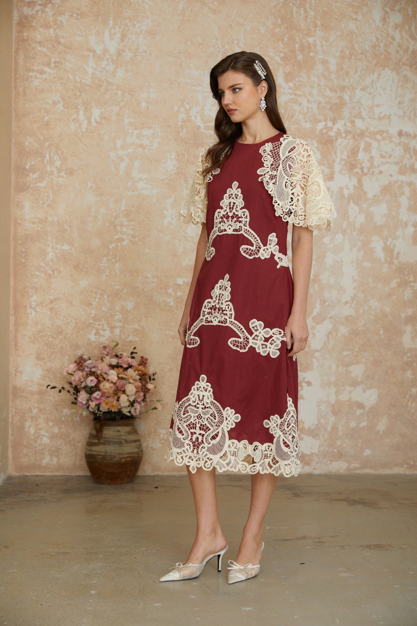 Julia Red Color Block Floral Embroidered Midi Dress