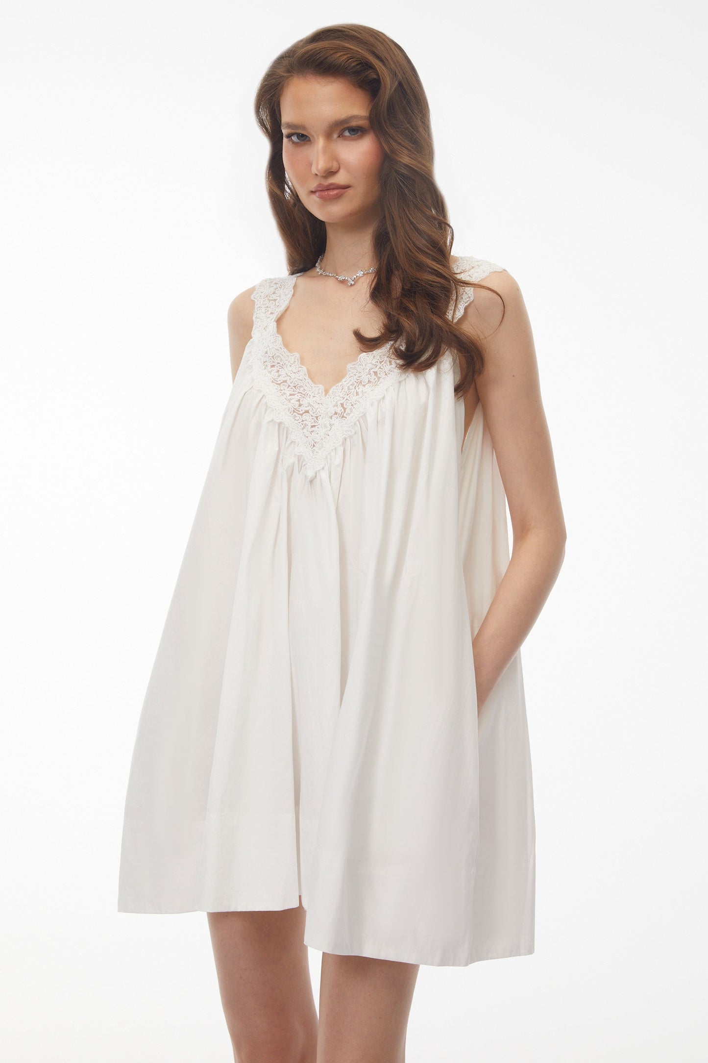 Kátia White Ruched Mini Dress with Lace Trim