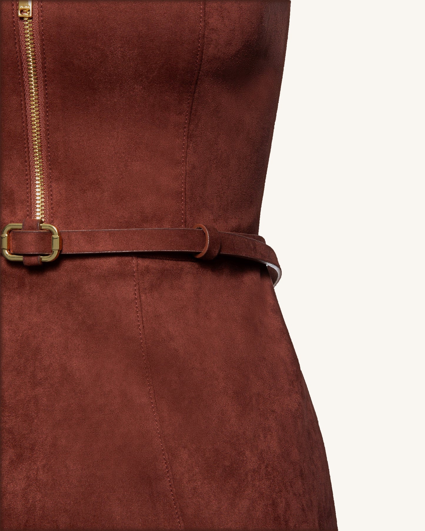 Suni Süet Halter Yaka Önden Fermuarlı Mini Elbise - Bordo