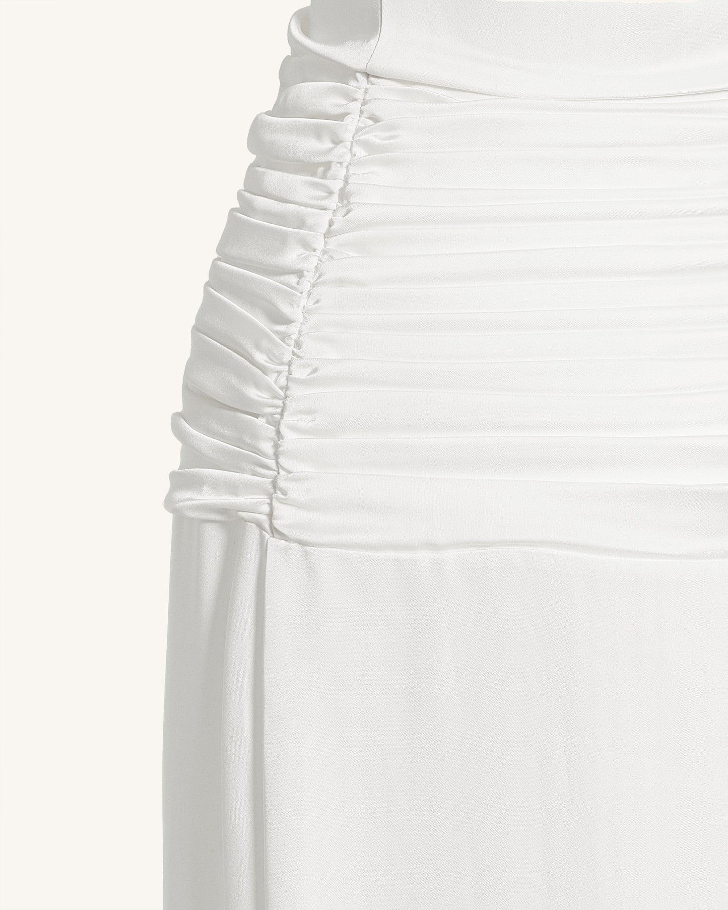 Saten Drape Yaka Büzgülü Maxi Abiye Elbise - Beyaz