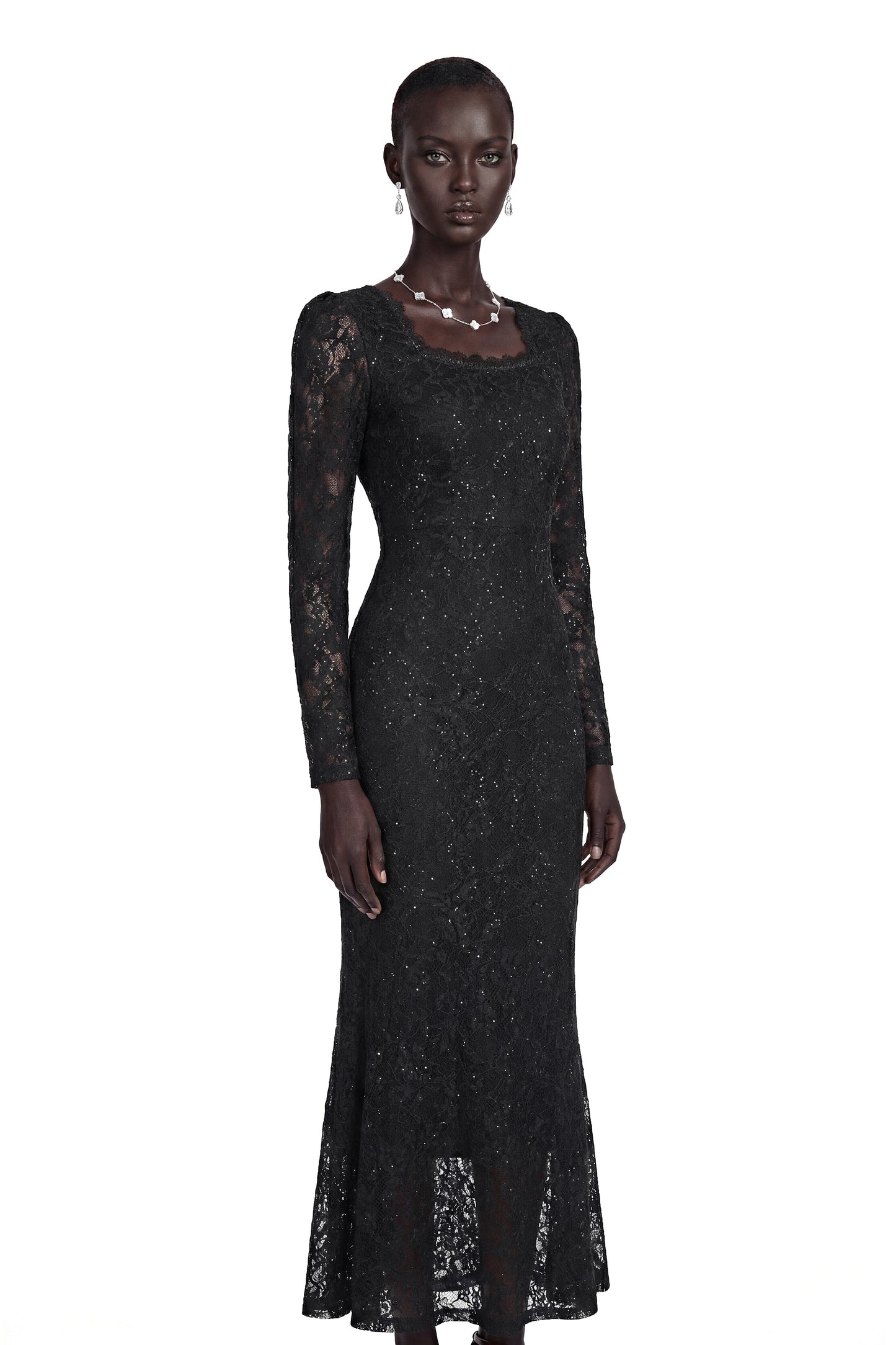Lavender Black Floral Lace Fishtail Maxi Dress