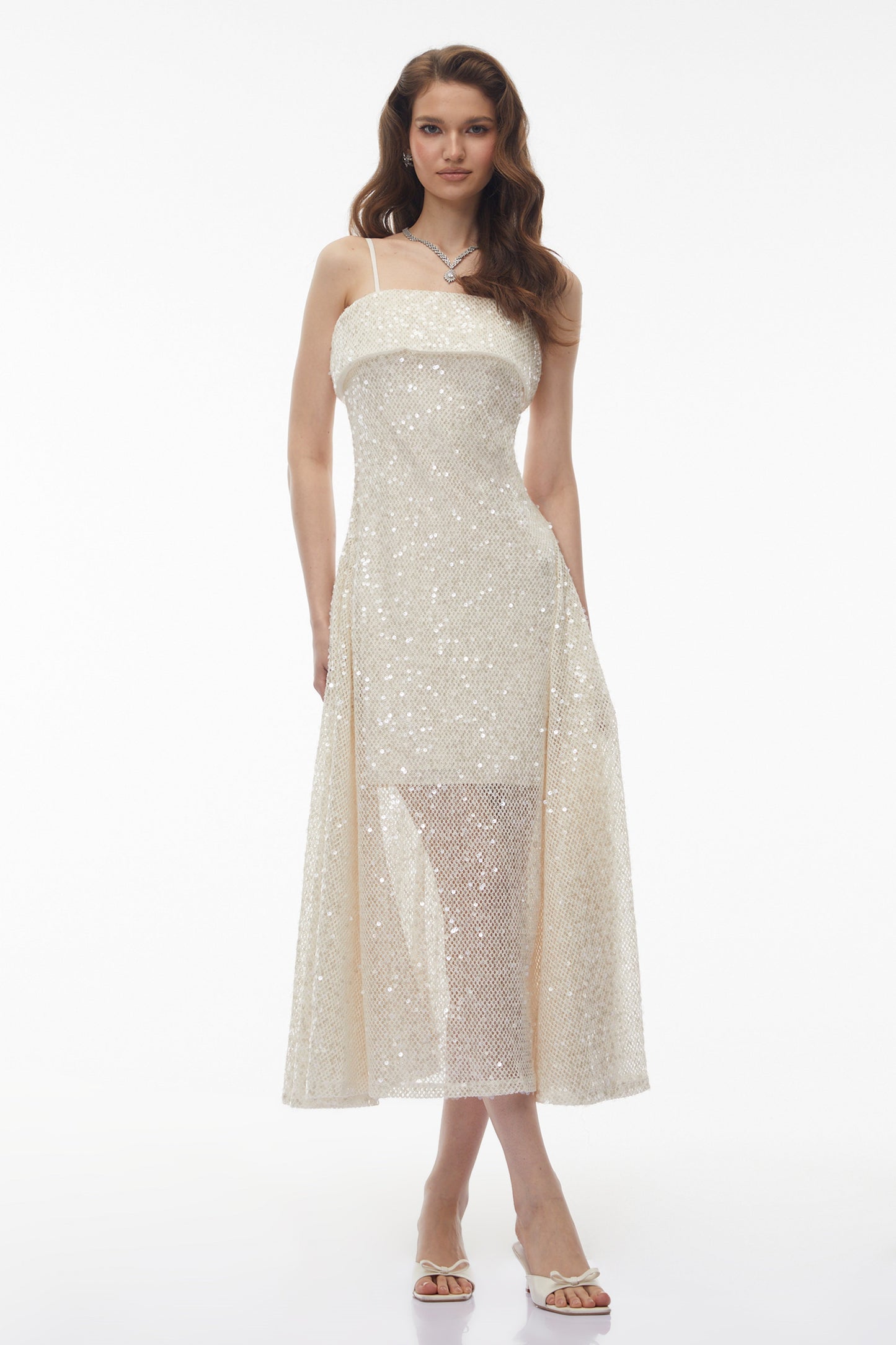 Leah Cream White Weave Design Sequin Midi Dress