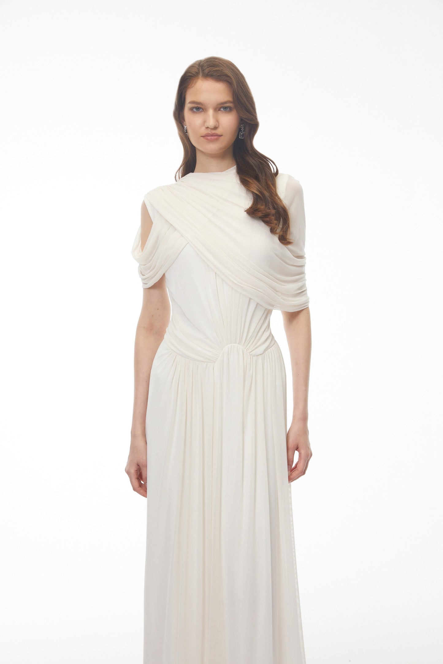 Leah White Asymmetrical Cross Front Maxi Dress