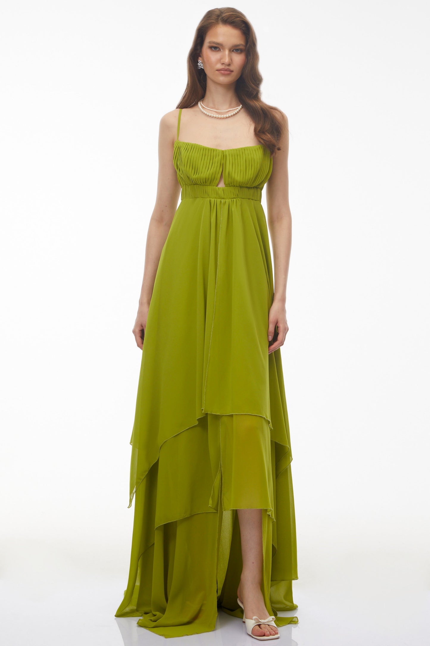 Lilliana Olive Green Tiered Maxi Dress with Cut-Outs