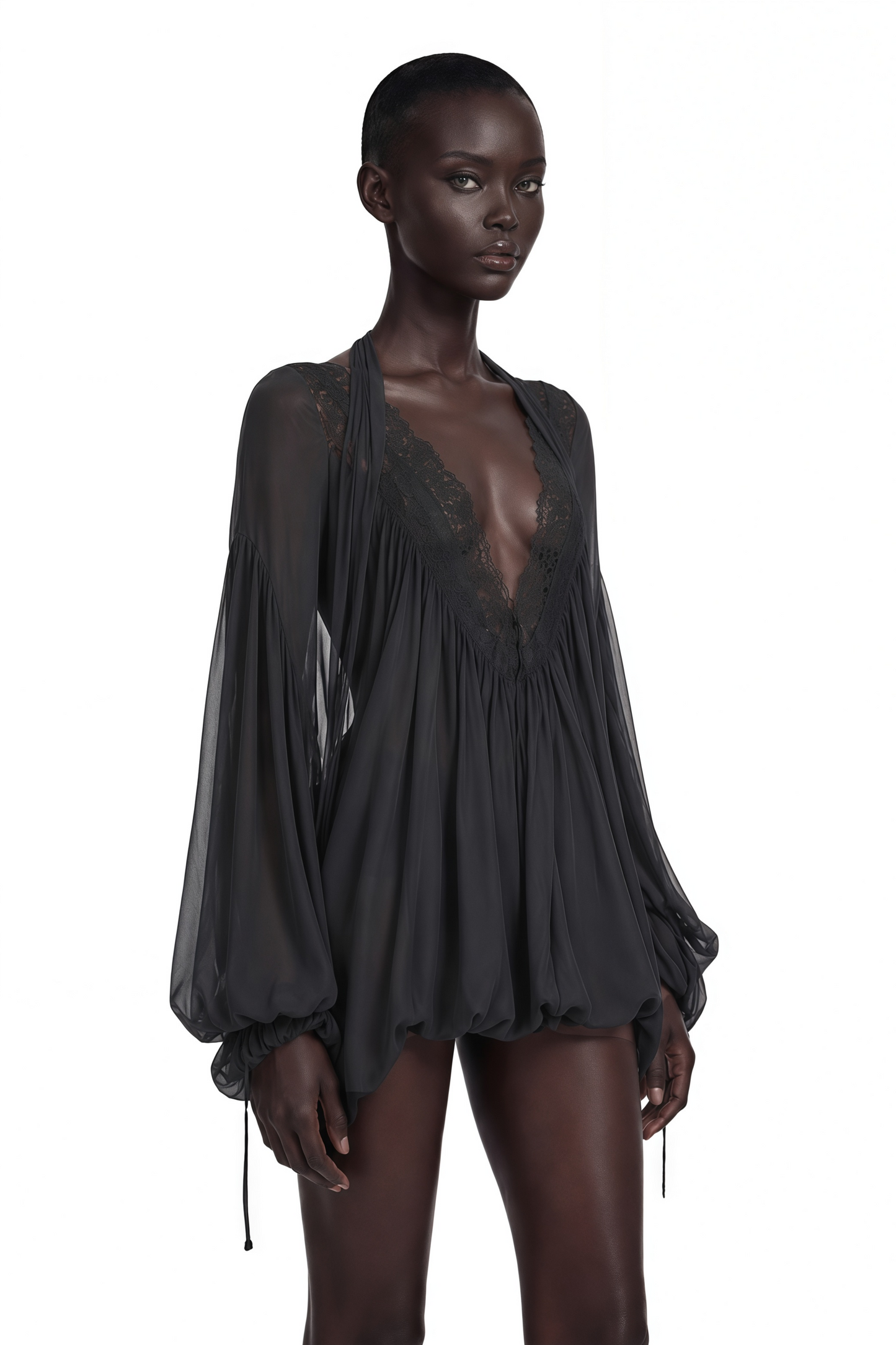 Lilou Black Plunge Neck Lace Mini Dress