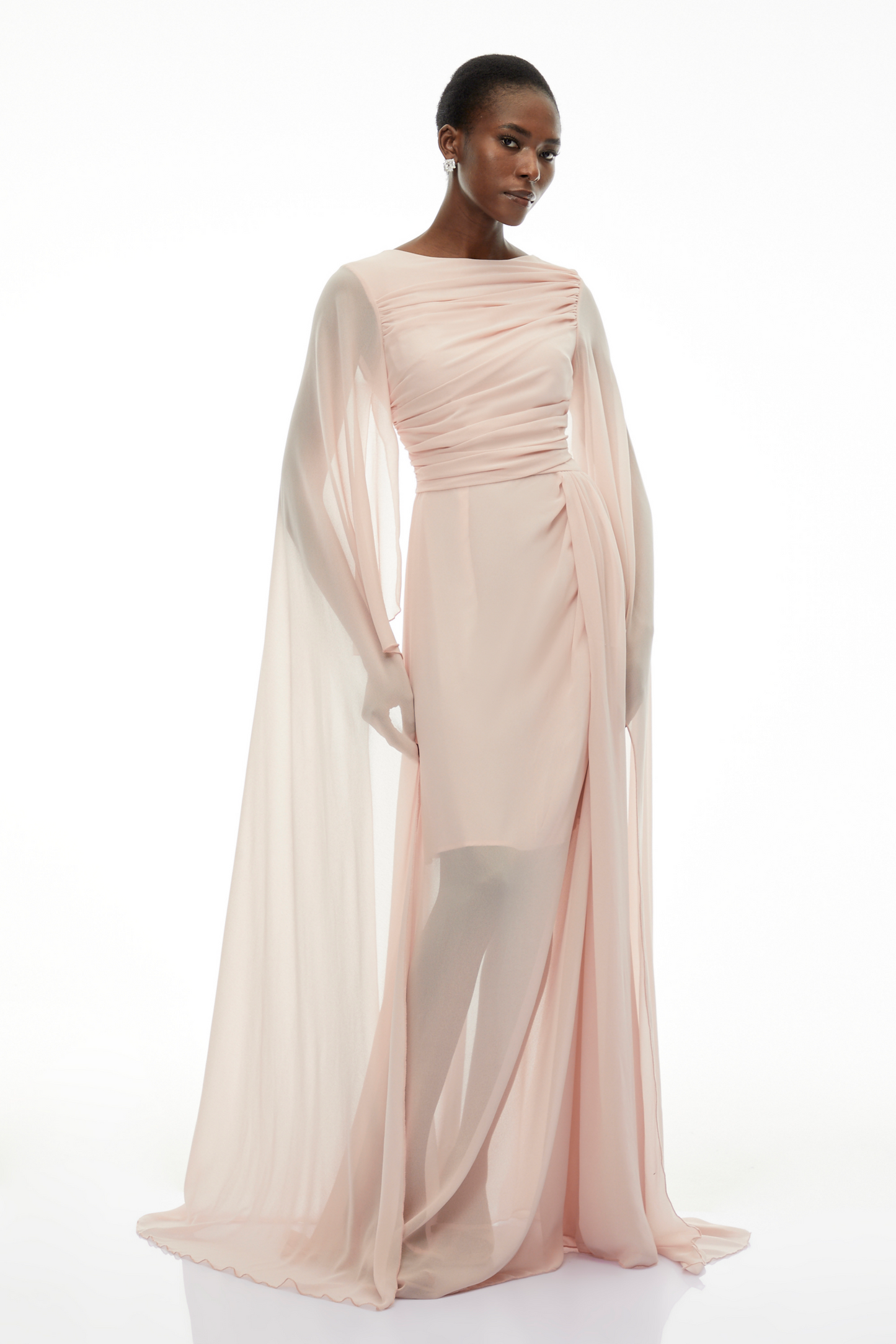 Lindsay Pink Ruched Maxi Dress with Draped Sleeves