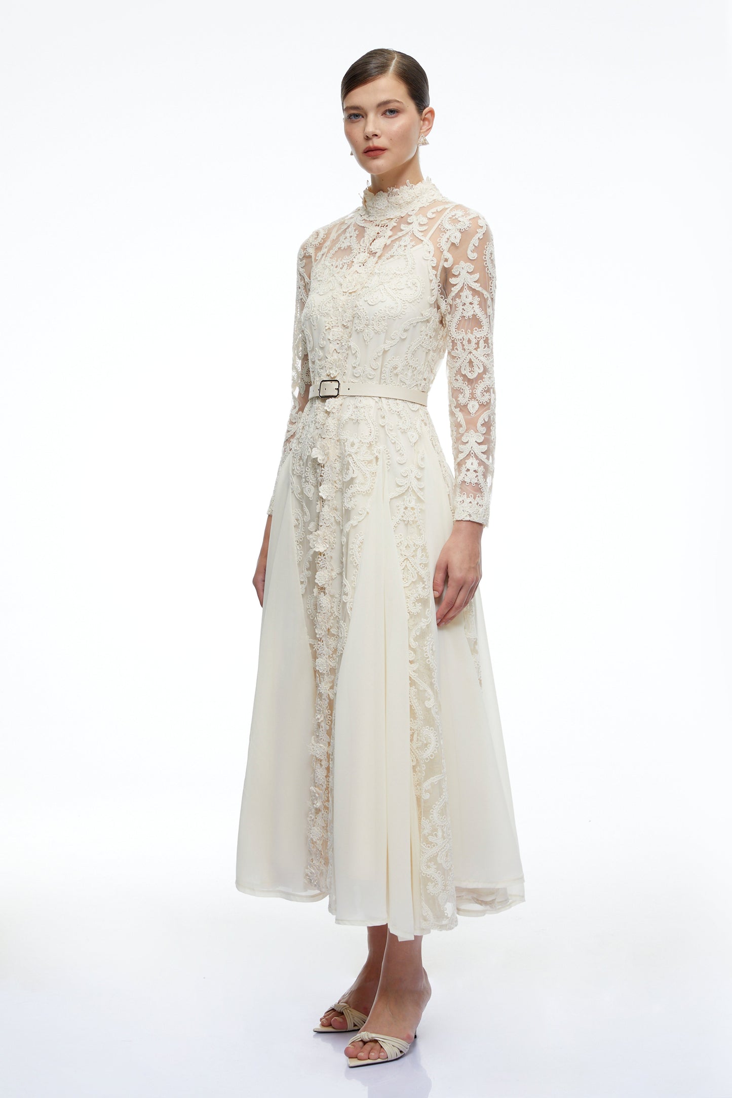 Linnea Neutral Long Sleeves Lace Midi Dress