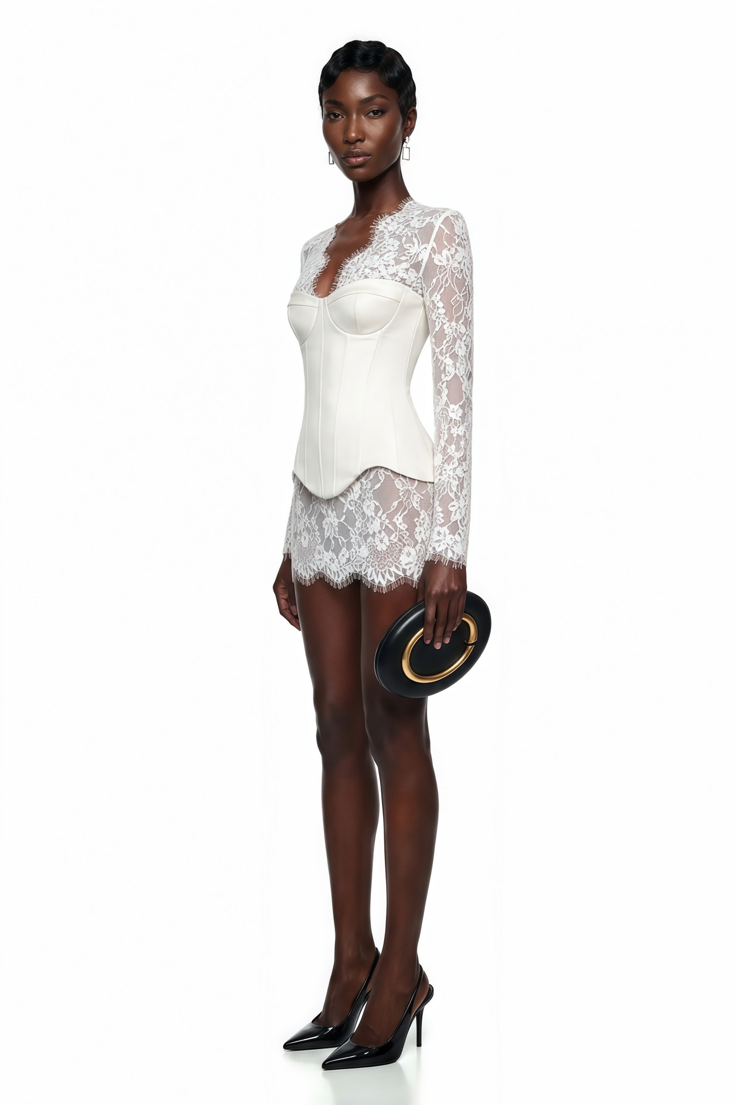 Luciana White Plunge Neck Mini Dress with Lace Panel