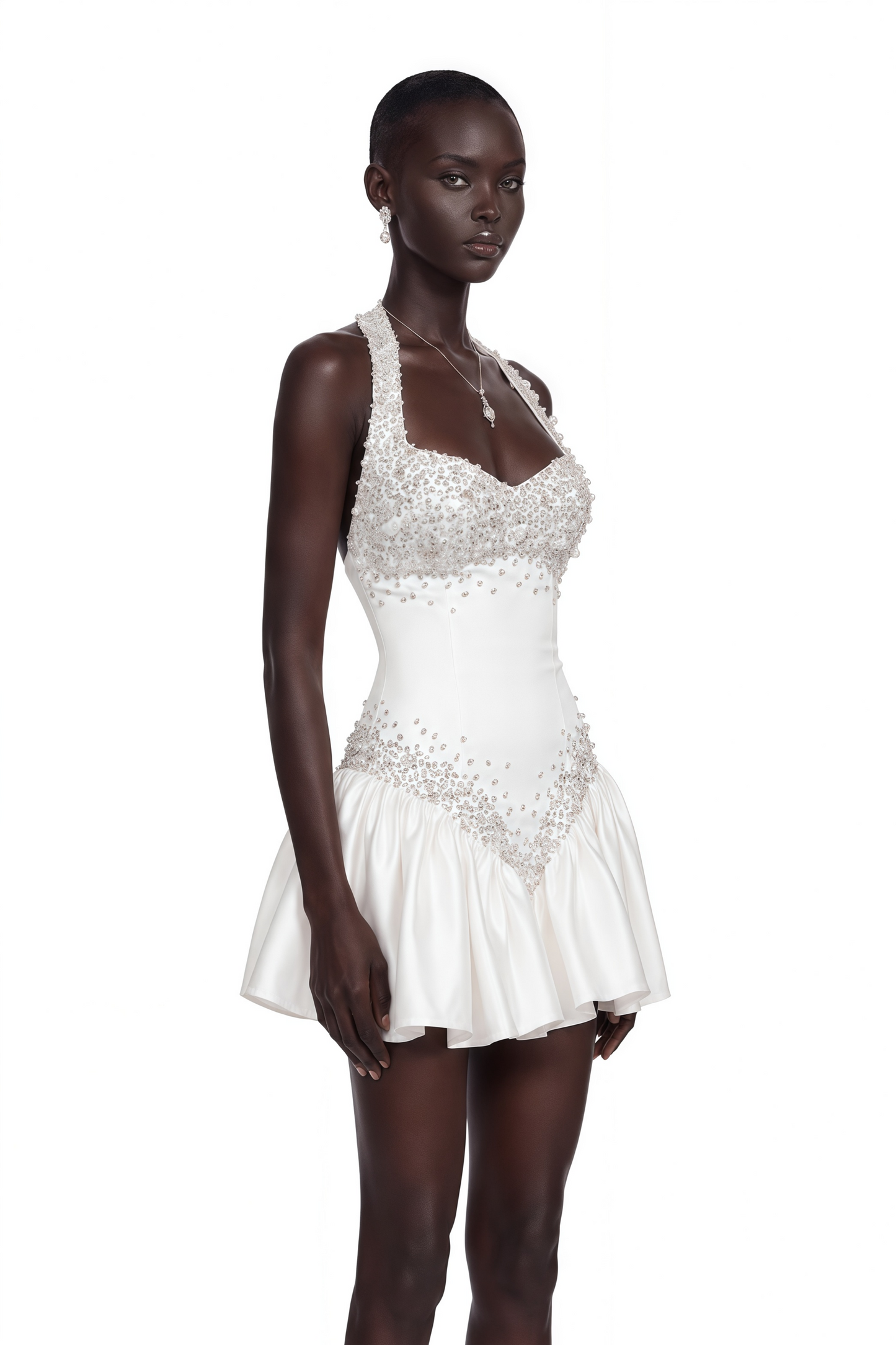 Lucie White Halterneck Mini Dress with Crystal Trim