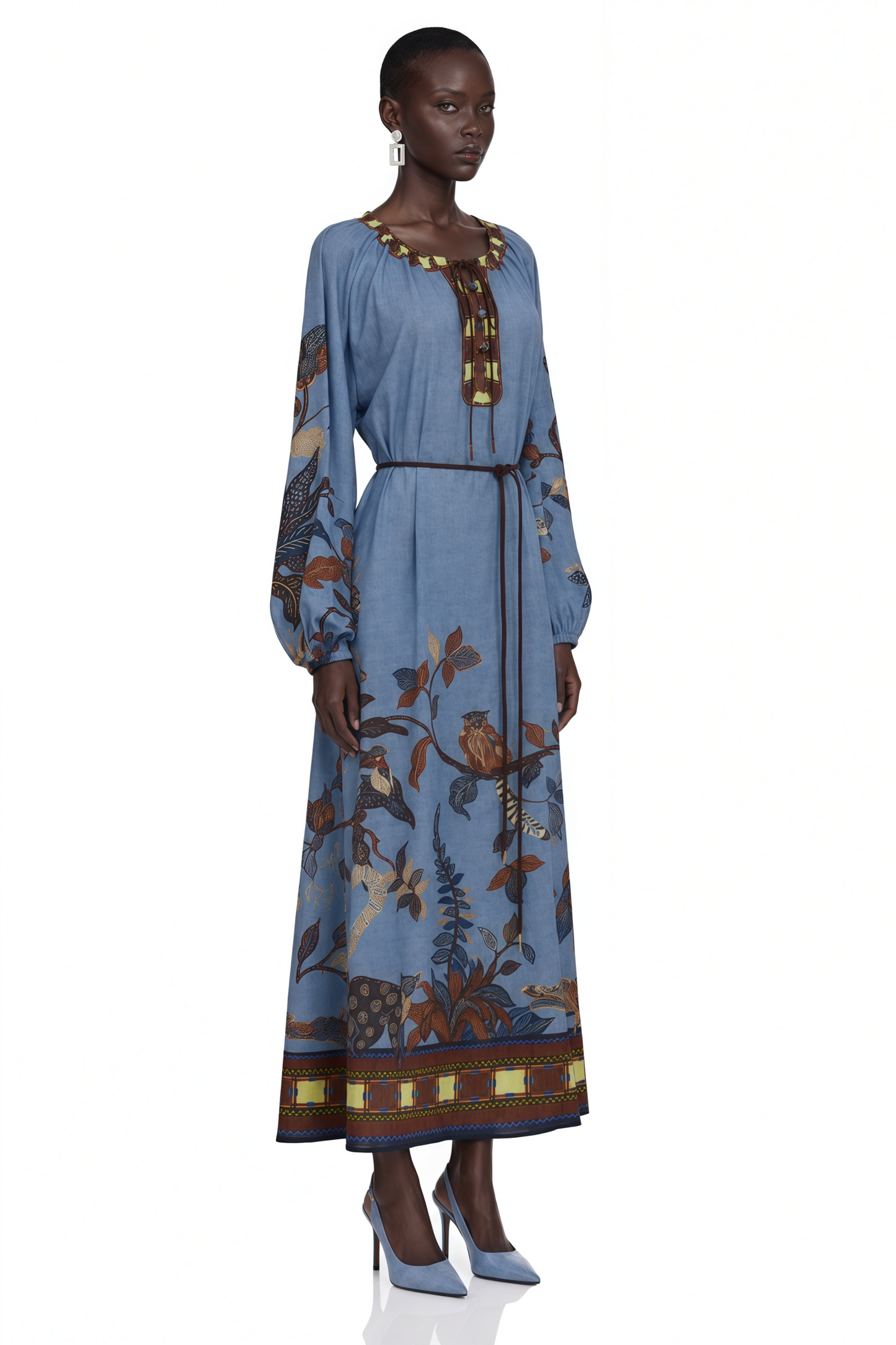 Lunaria Blue Printed Long Sleeve Midi Dress