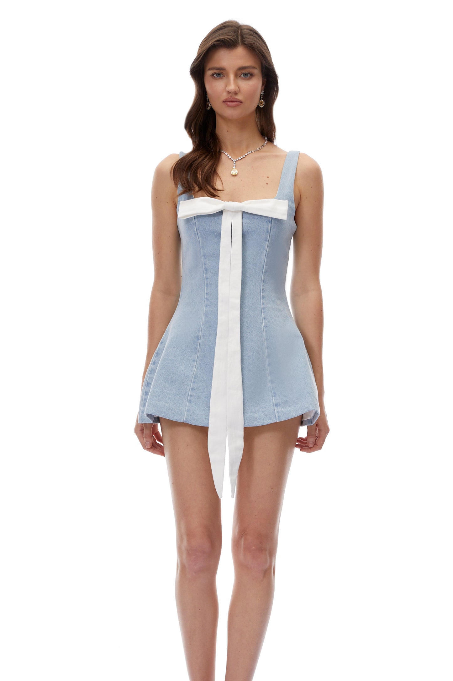Lyubov Blue Square Neck Mini Dress with Bow
