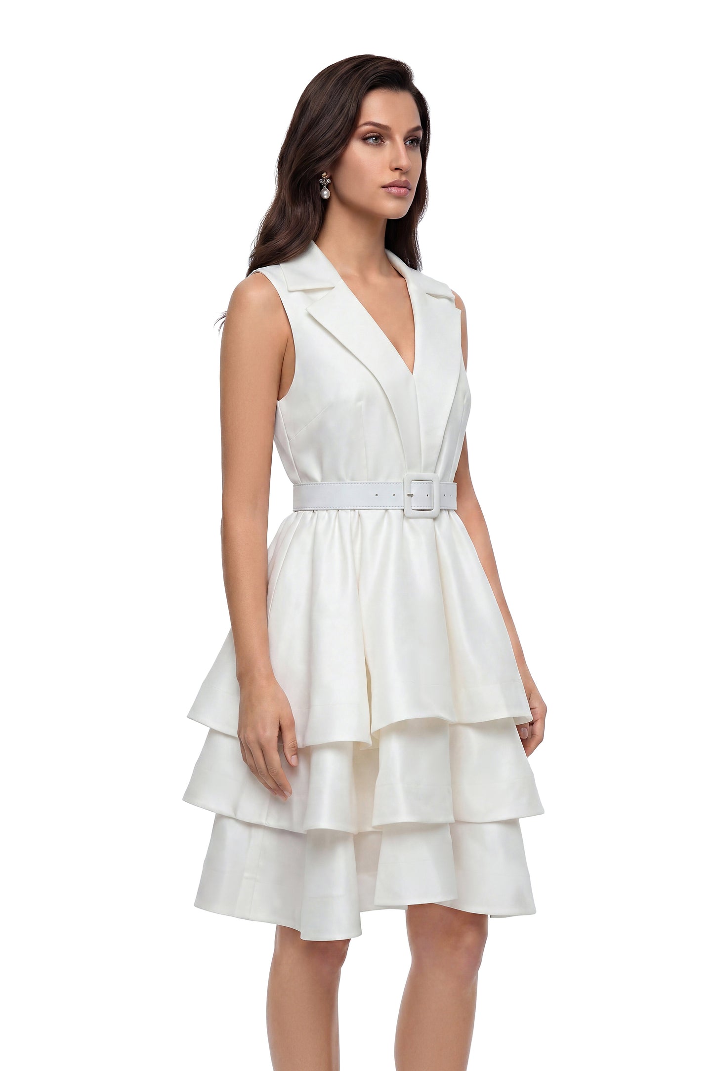 Maeve White Belted Tiered Mini Dress